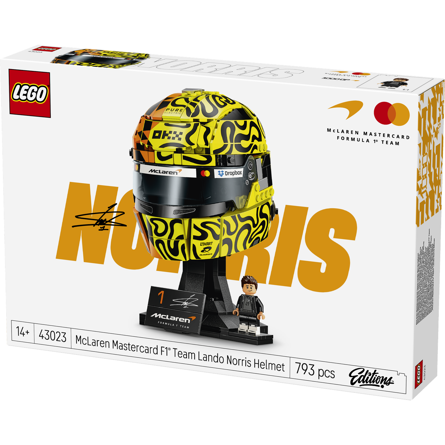 LEGO doos: Lando Norris helm set met minifiguur, geel en zwart.