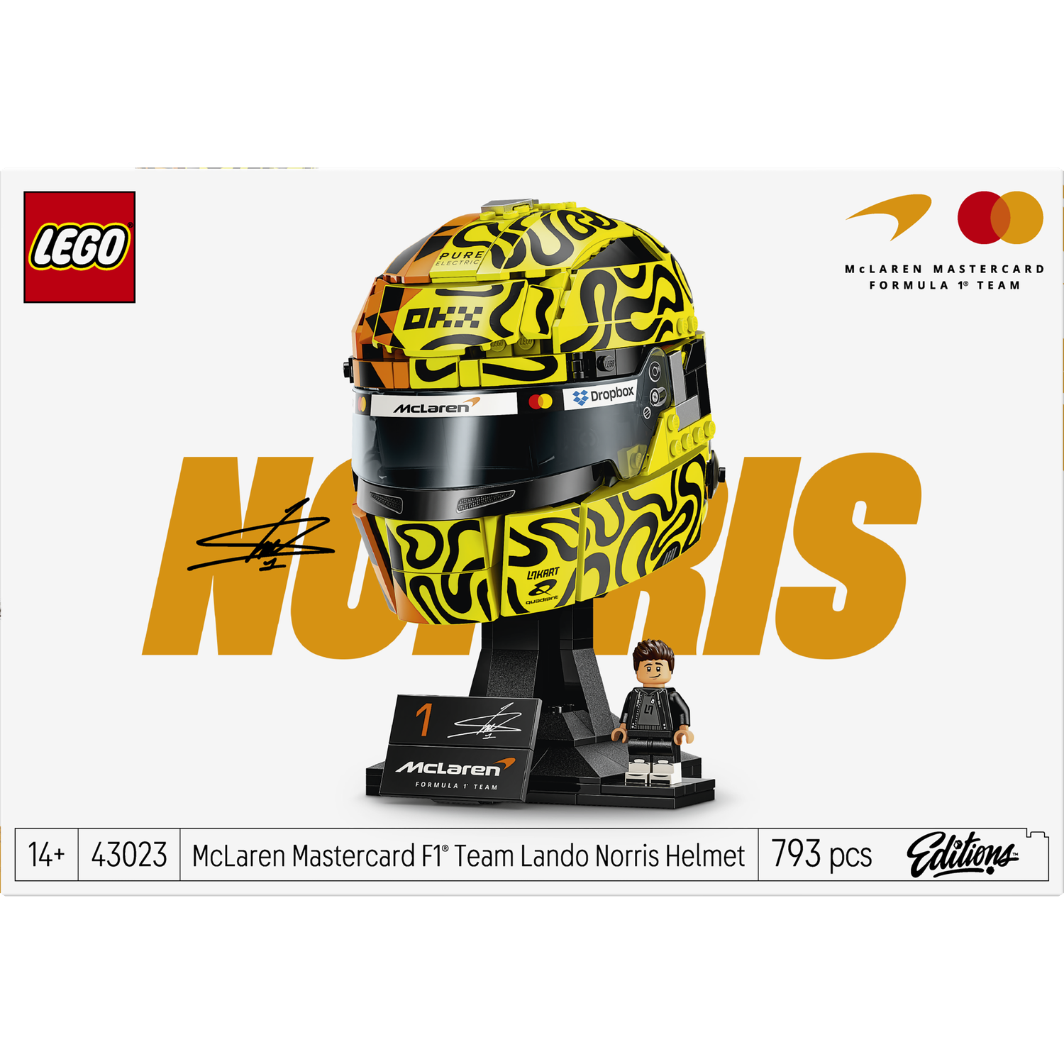 LEGO helm set met Lando Norris minifiguur en "NORRIS" tekst.