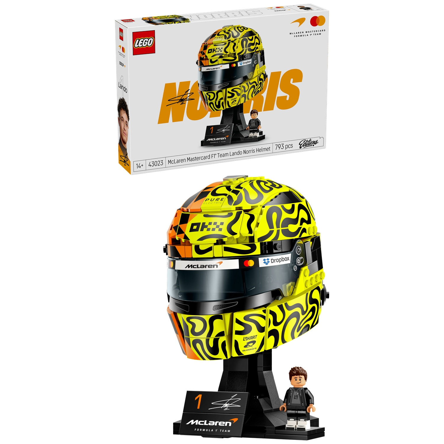 LEGO Lando Norris helmet set with box, helmet, and minifigure in yellow, black, and orange.