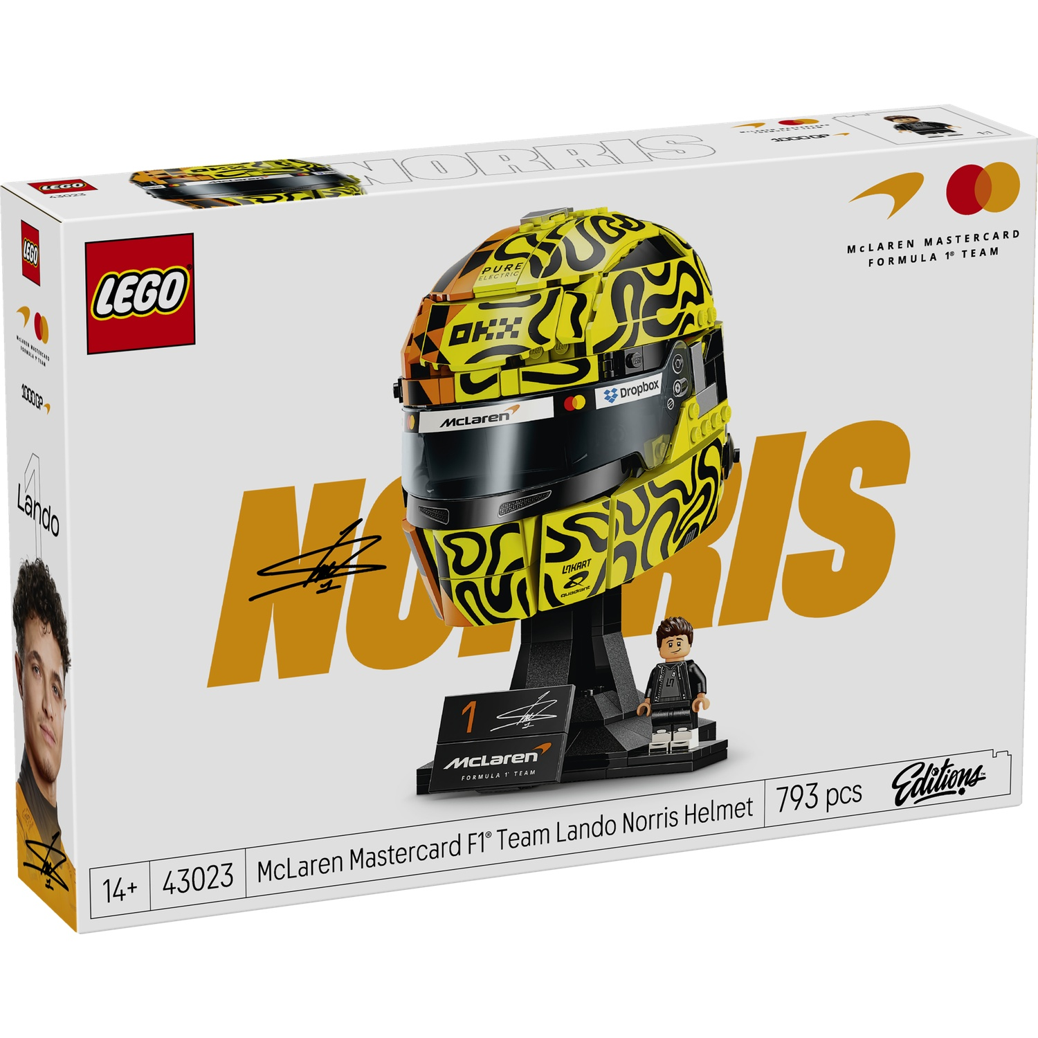 LEGO box for Lando Norris F1 helmet kit. Features helmet replica, minifigure, and driver portrait.