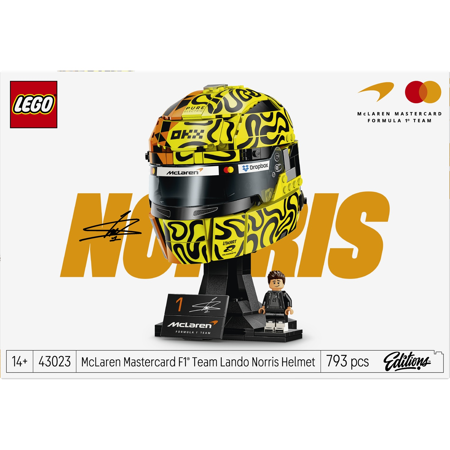 LEGO set of the McLaren F1 Lando Norris helmet with minifigure and stand.