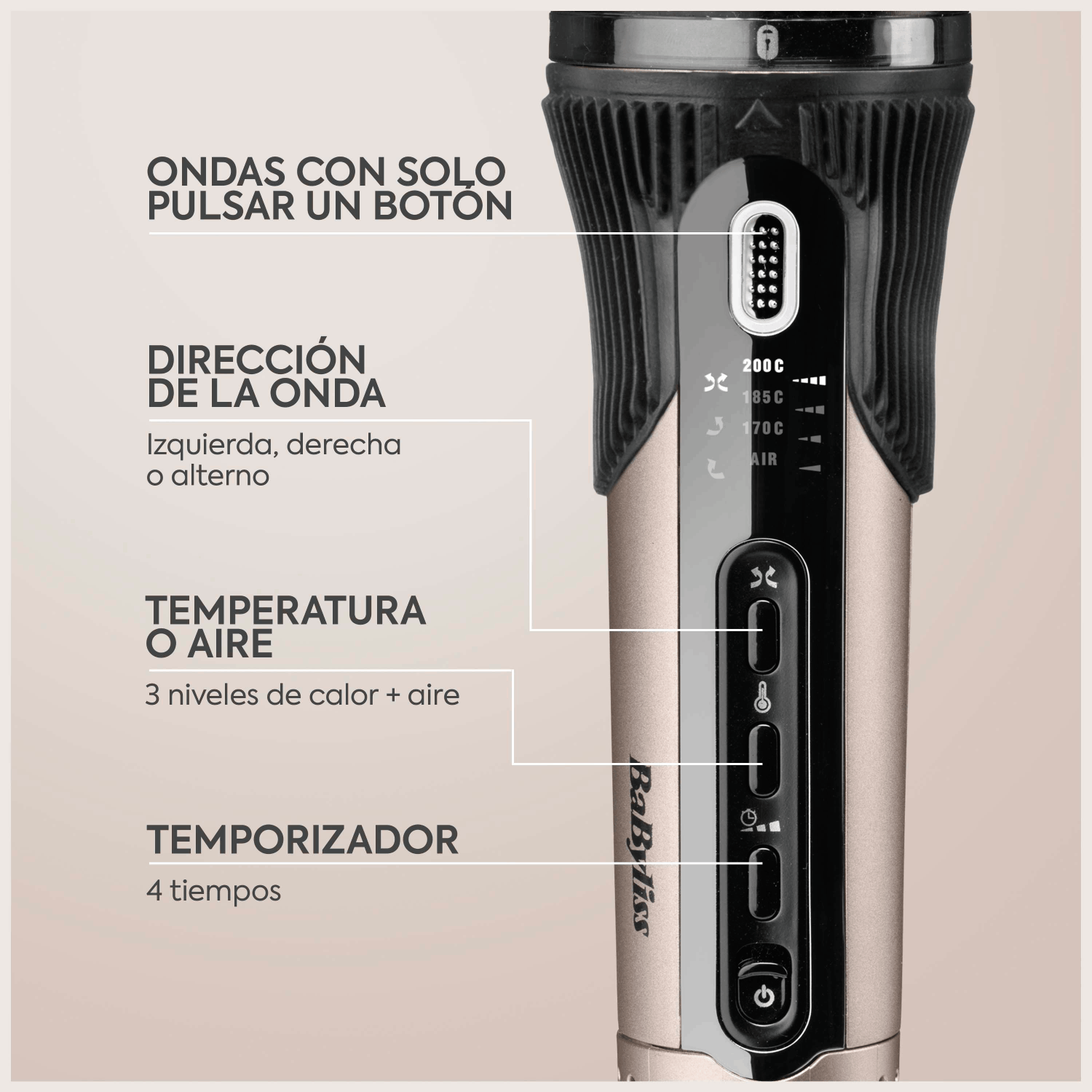 Un rizador de cabello dorado con botones de control y pantallas de temperatura.