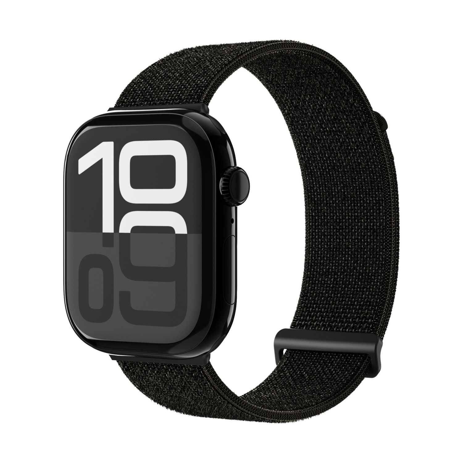 Smartwatch nero con cinturino in tessuto e display 10:09.