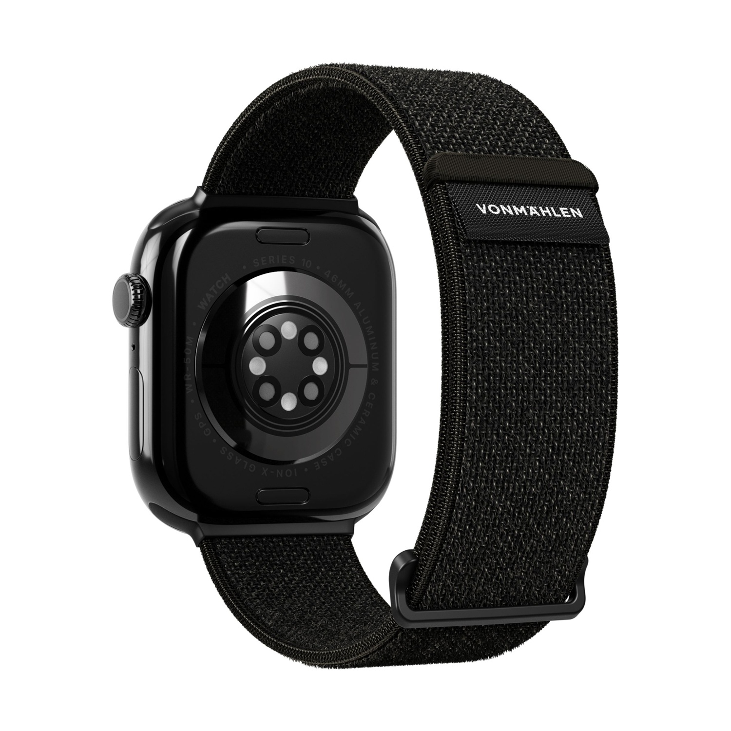 Smartwatch nera con cinturino nero intrecciato. Il retro mostra sensori e testo.