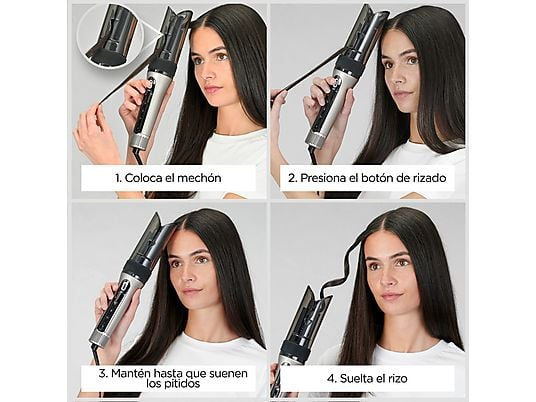 Instrucciones del rizador paso a paso: insertar mechón, presionar botón, esperar, soltar rizo.