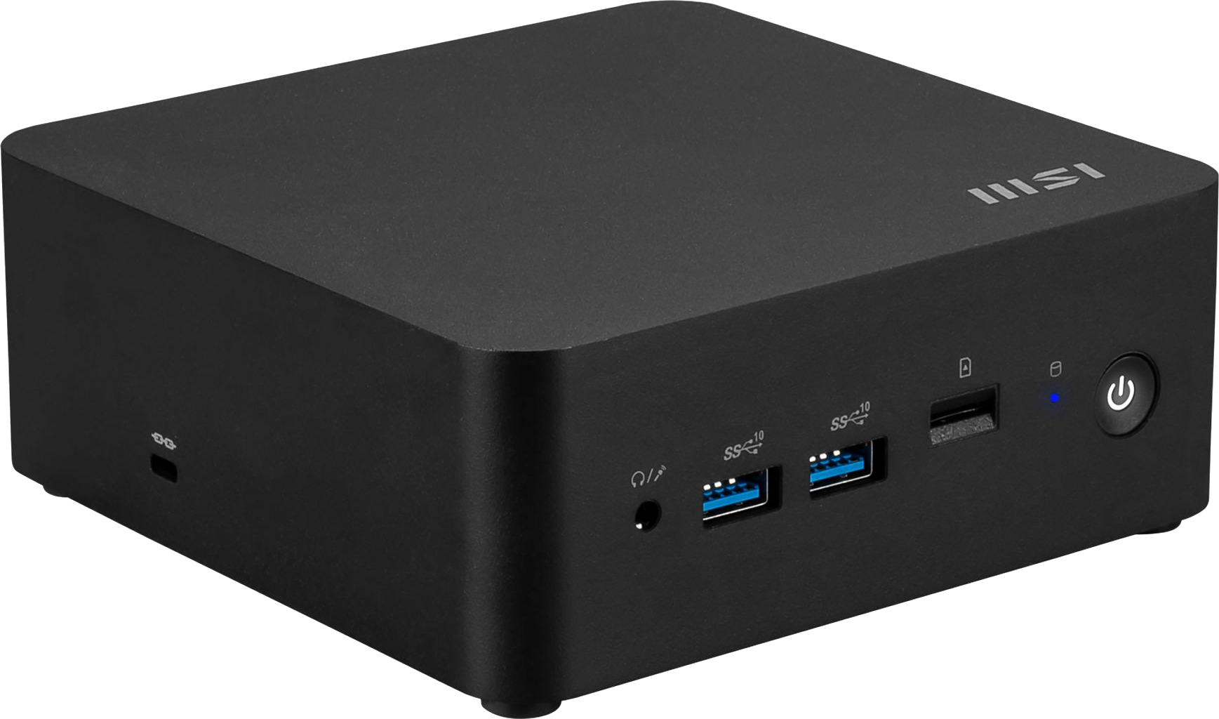 Black MSI mini PC with power button, USB ports, audio jack, and MSI logo.