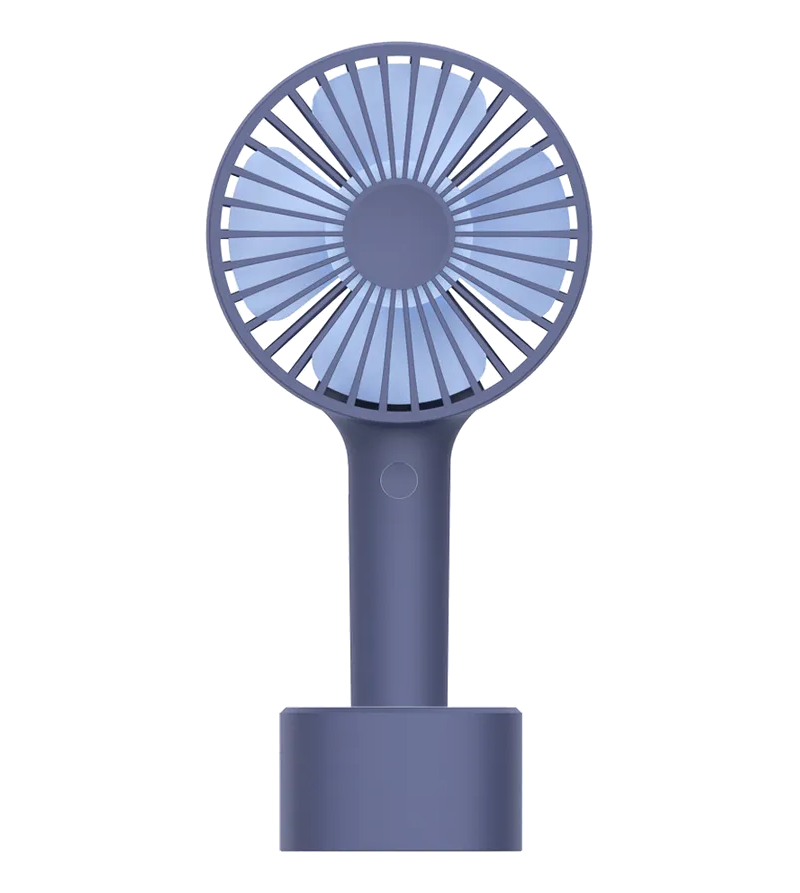 Ein kleiner, tragbarer Ventilator in dunklem Blau mit einem runden Kopf und einem Griff.