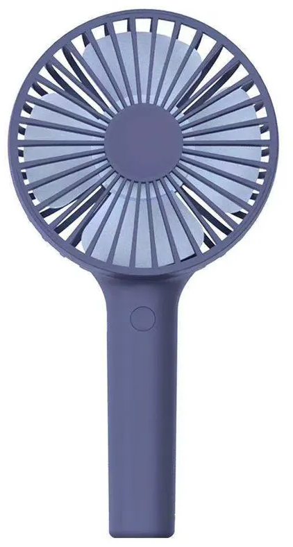 Ein violetter Handventilator mit blau-grauen Rotorblättern und einem runden Knopf am Griff.