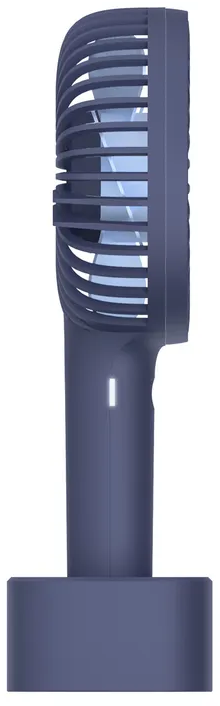 Ein blauer Handventilator mit einem Griff und einer Basis.