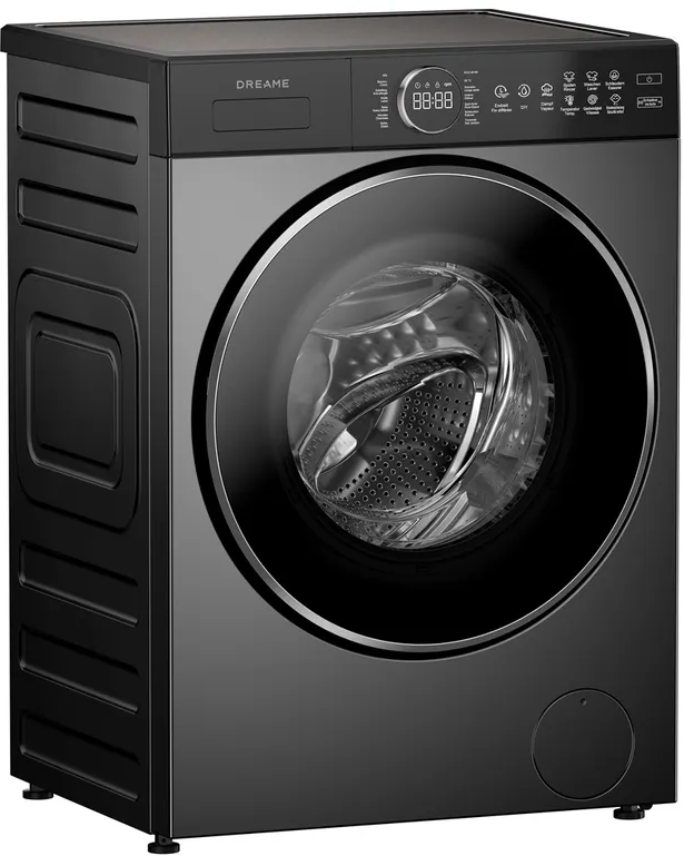 Lavatrice nera con display digitale e oblò tondo.