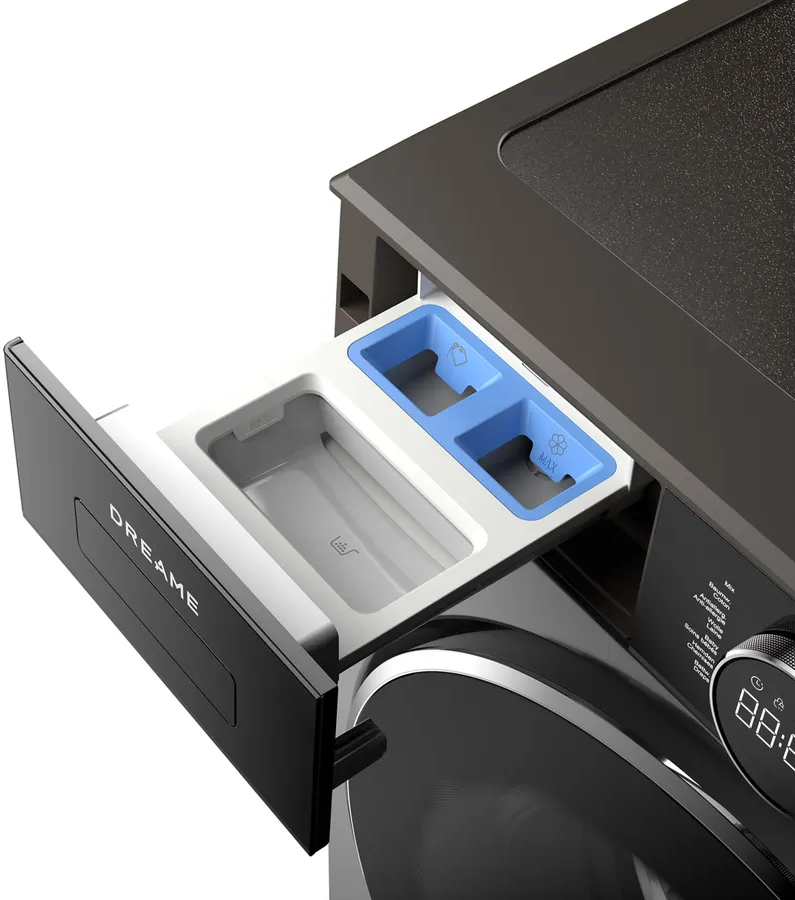 Cassetto detersivo lavatrice con scomparti per detersivo e ammorbidente.