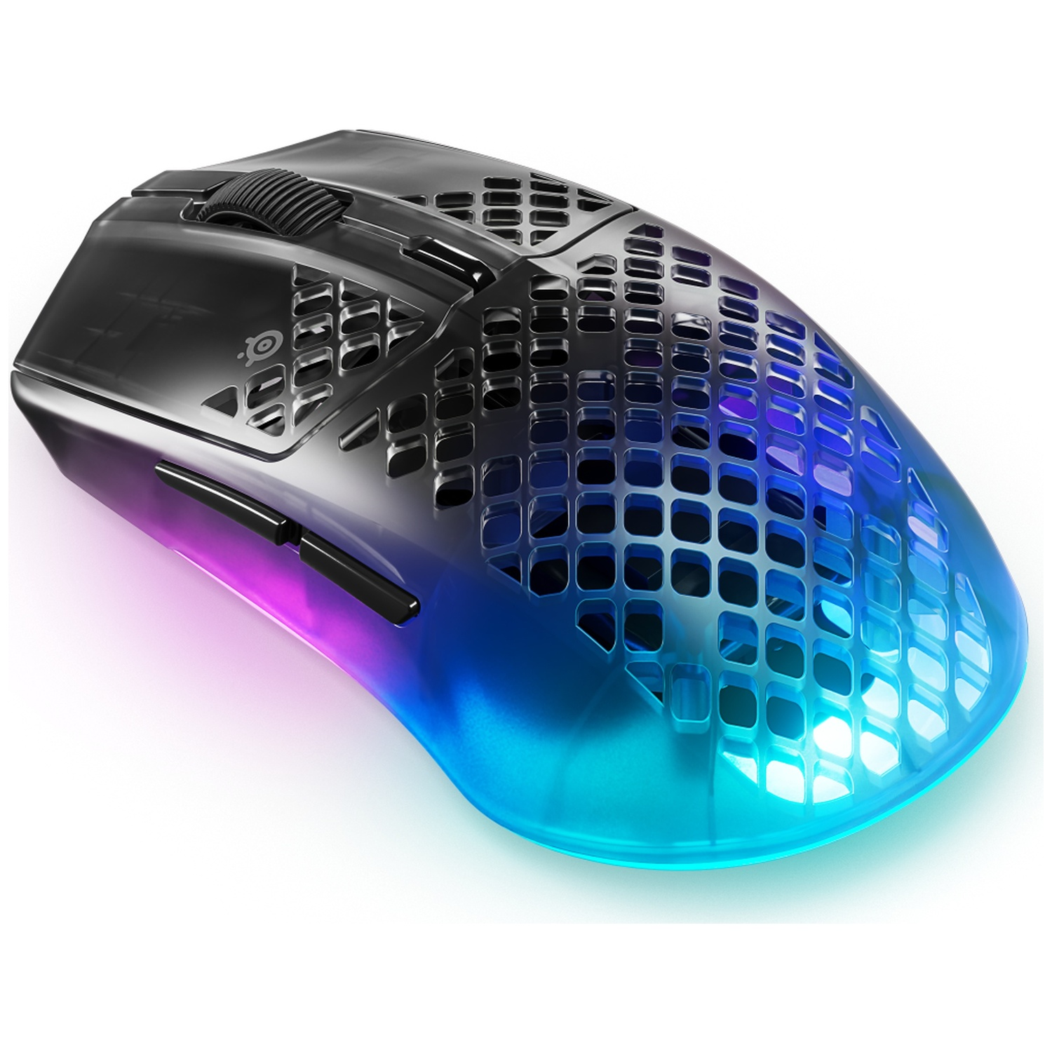 Une souris gamer noire avec éclairage RVB bleu et violet.