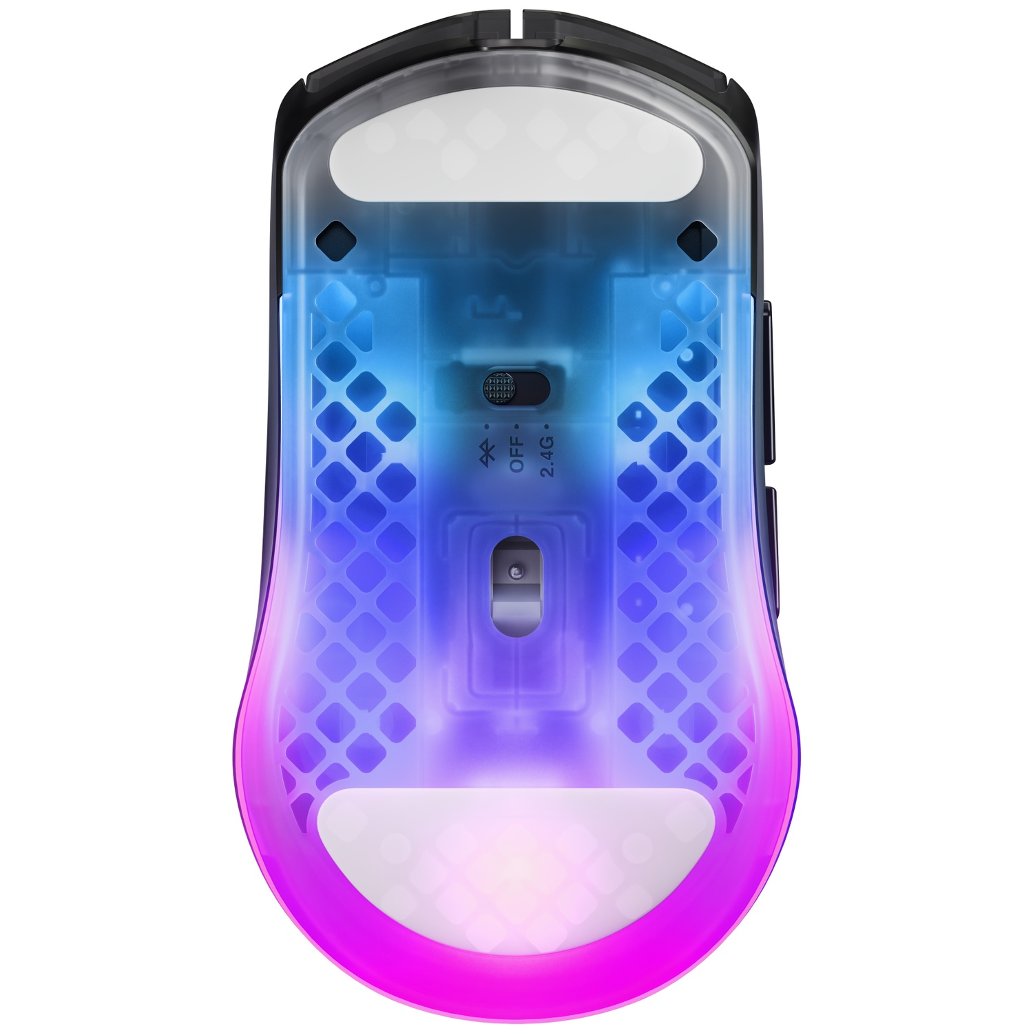 Dessous d'une souris gamer transparente avec éclairage coloré.