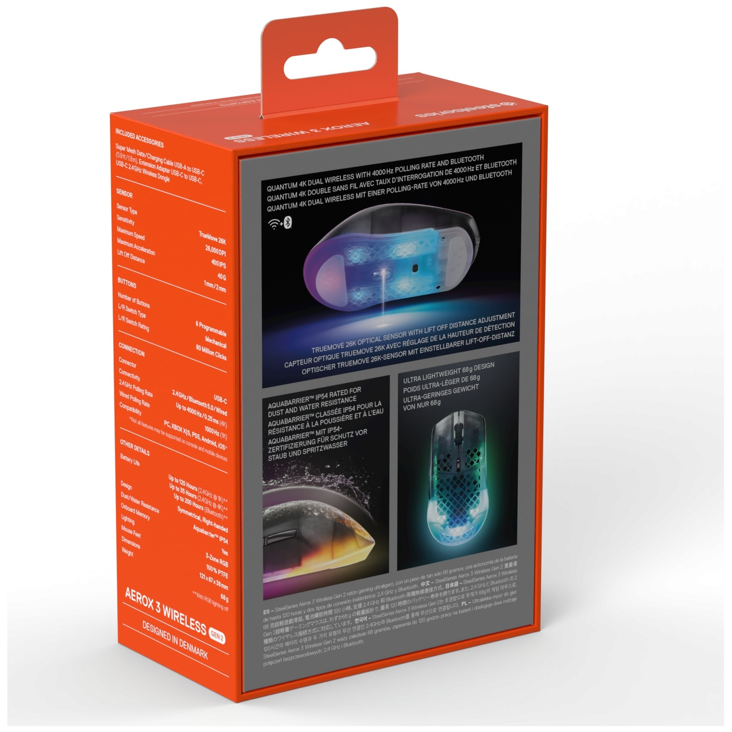 Emballage d'une souris gaming SteelSeries Aerox 3 Wireless avec détails techniques.
