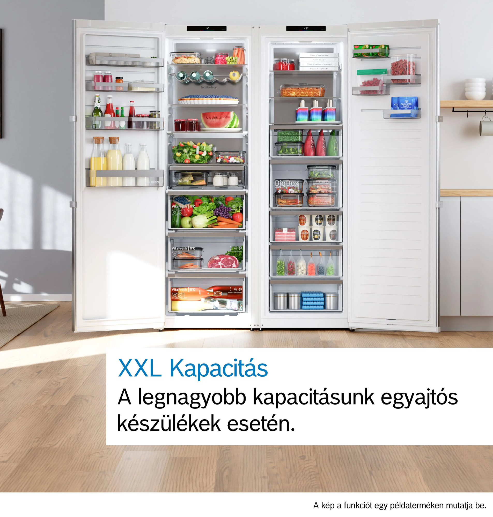 Egy nyitott hűtőszekrény élelmiszerekkel és fagyasztófiókokkal.