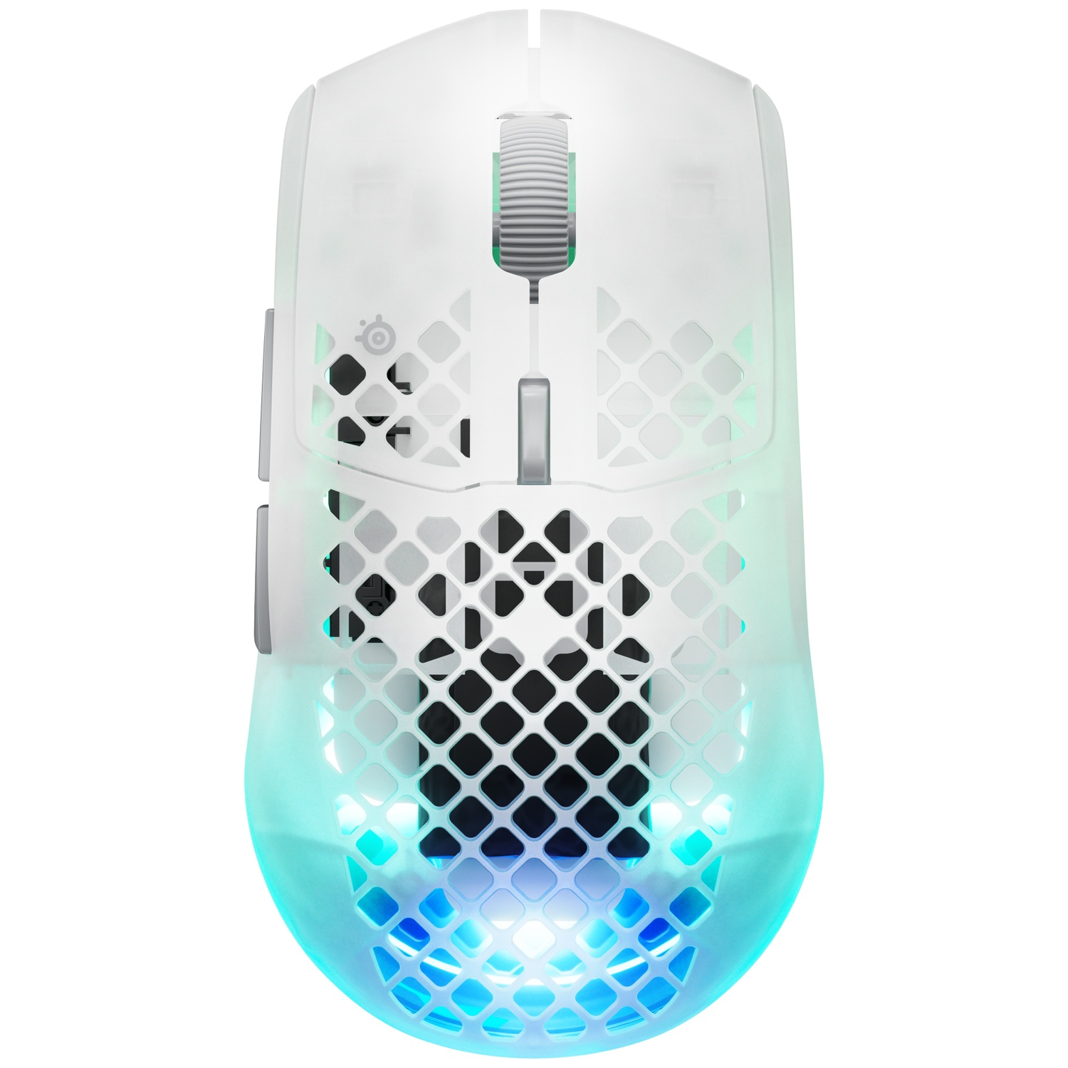 Une souris de jeu blanche avec un design en nid d'abeille et un éclairage RGB bleu-vert.