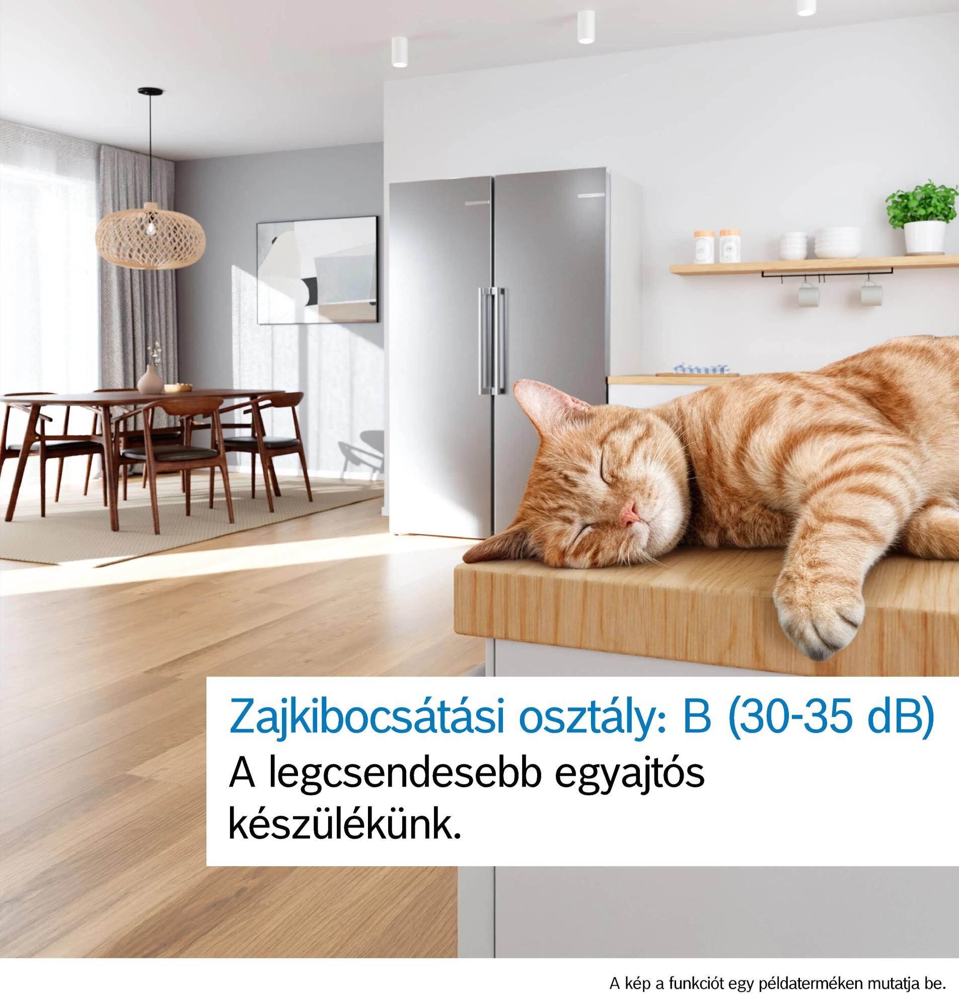 Egy macska alszik a pulton egy modern konyhában, hűtővel a háttérben.