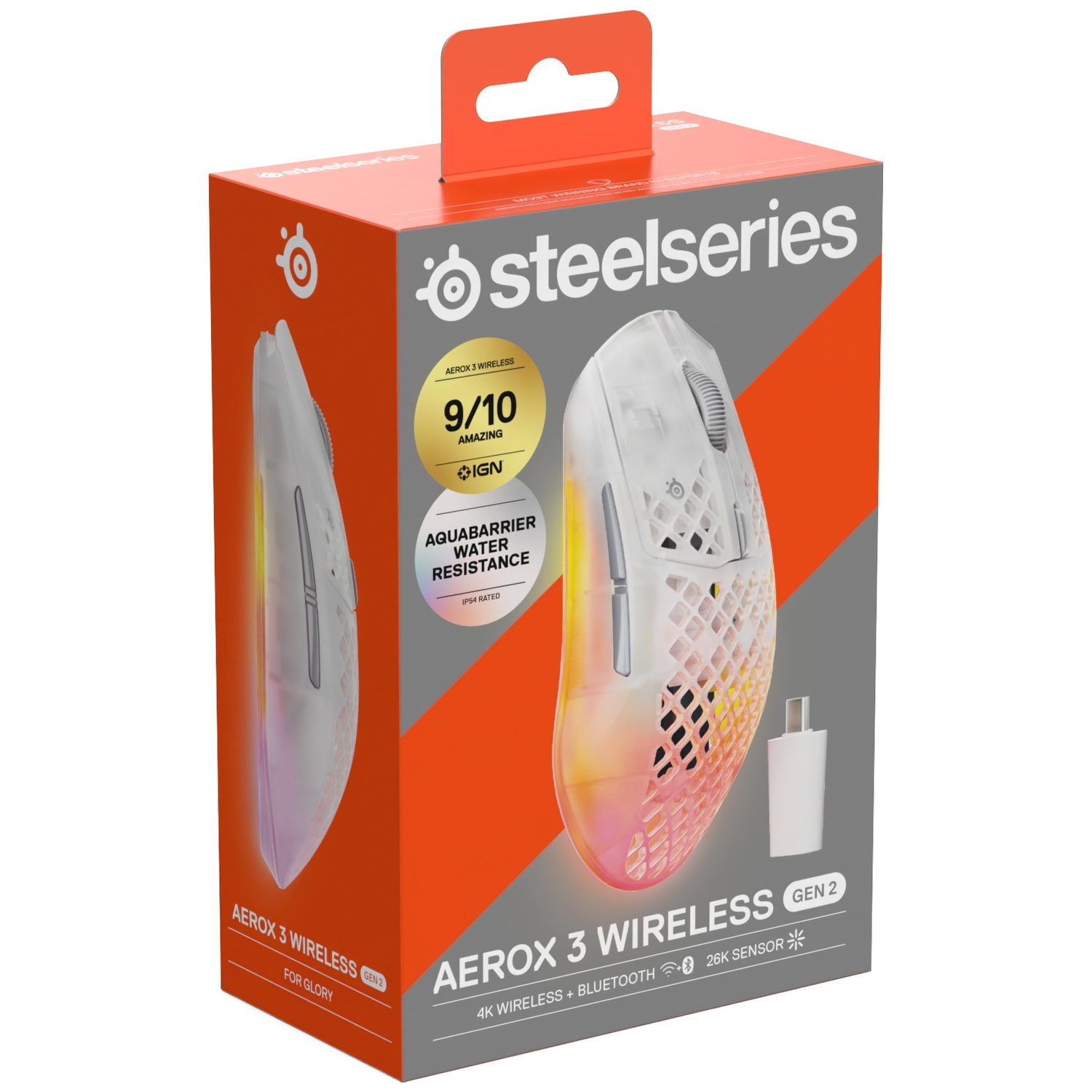 Emballage souris gaming SteelSeries Aerox 3 Wireless avec souris et dongle.