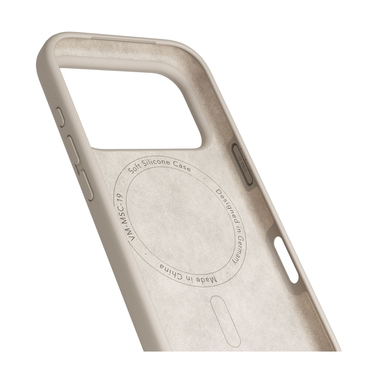 Interno custodia in silicone beige per telefono con scritte.