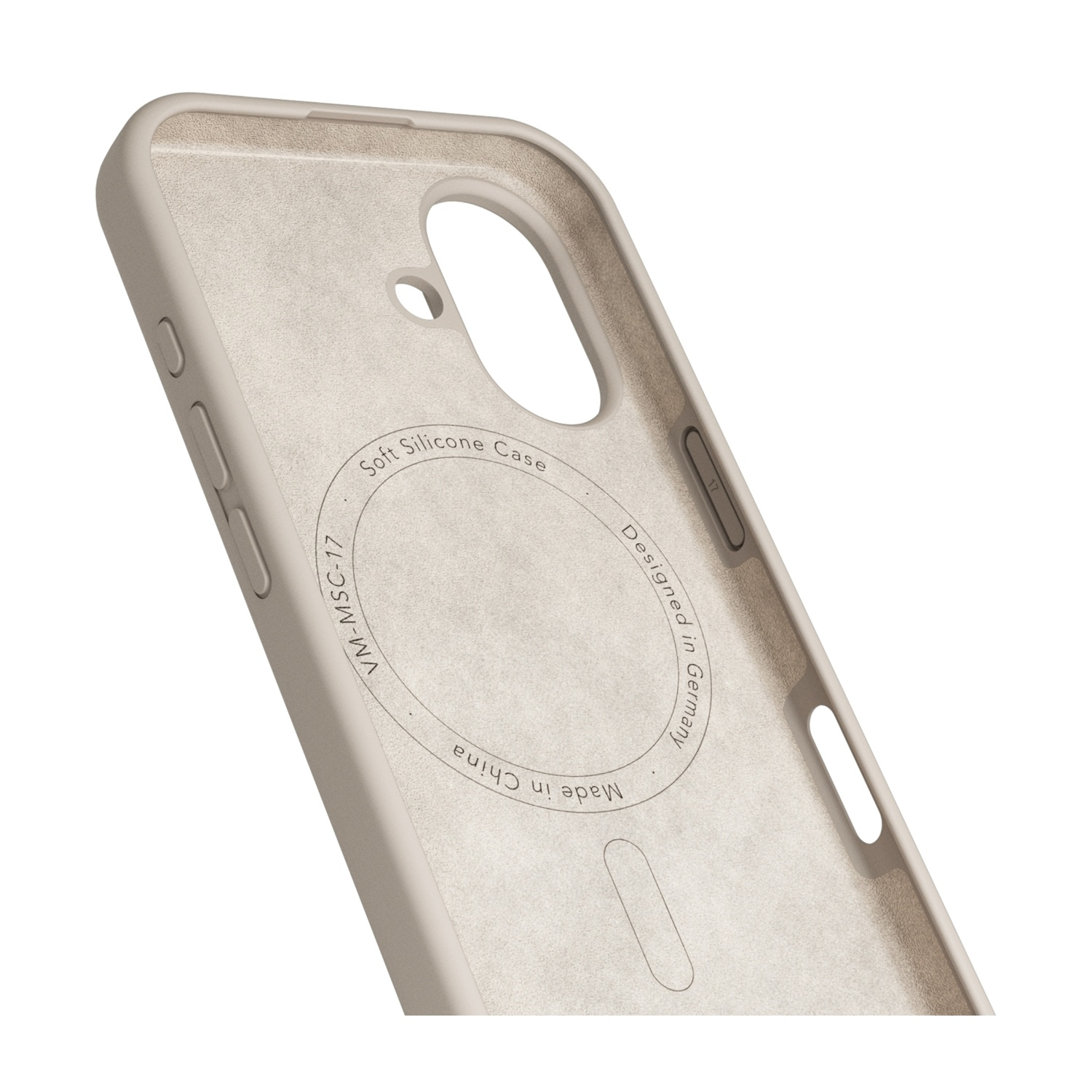 Custodia in silicone beige per iPhone, interno con testo
