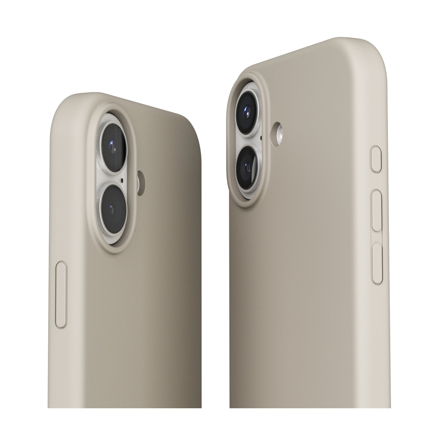 Due custodie per telefono beige con doppie lenti, sfondo bianco.