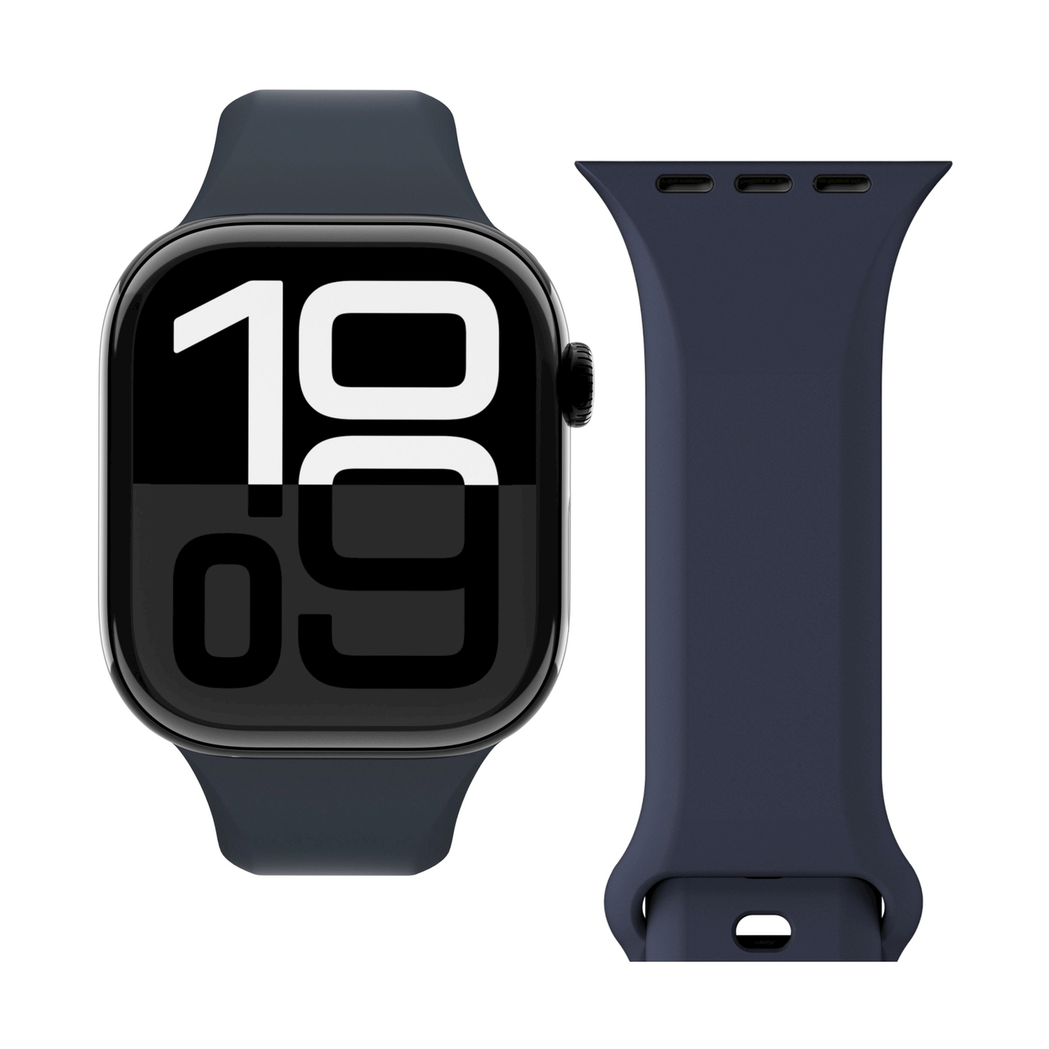 Uno smartwatch blu scuro con display e un cinturino abbinato accanto.