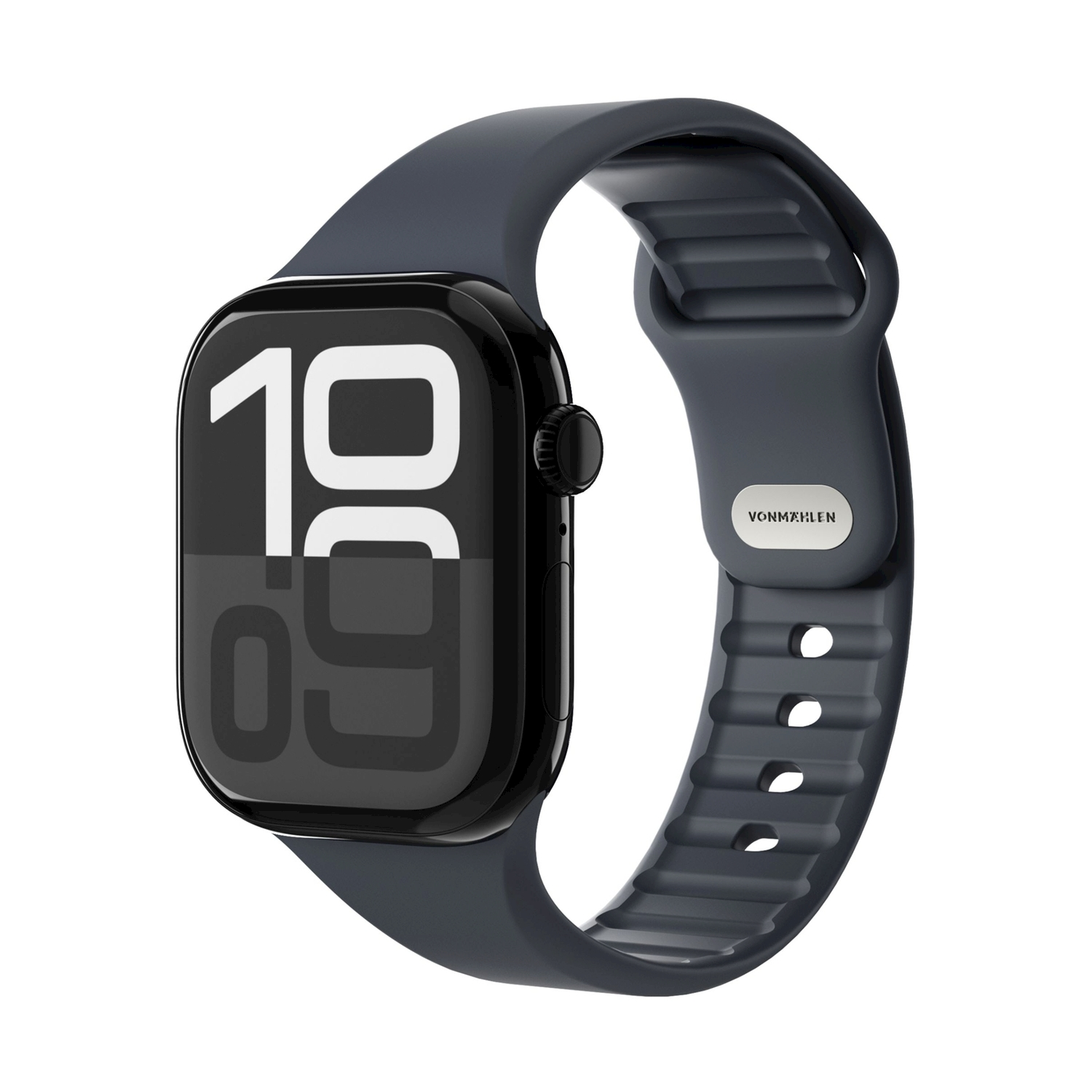 Uno smartwatch grigio scuro con cassa nera e cinturino in silicone. Ora: 10:09.