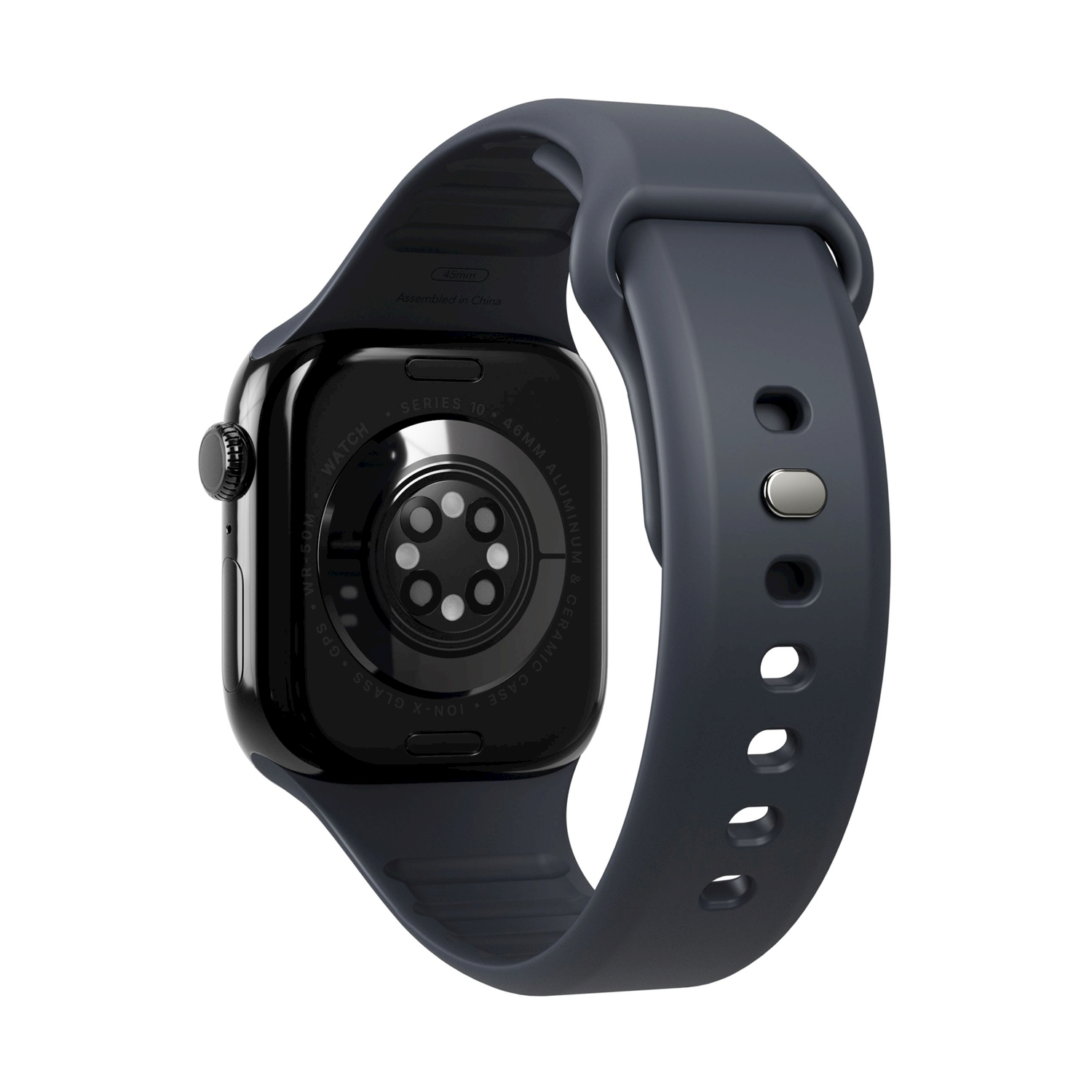 Retro di uno smartwatch grigio scuro con cinturino scuro. Testo visibile.