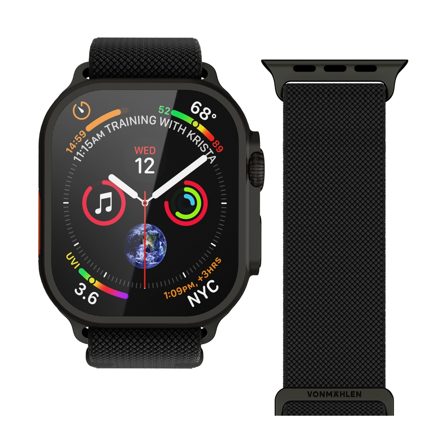 Orologio intelligente nero con cinturino mostra ora, data, meteo e mondo.