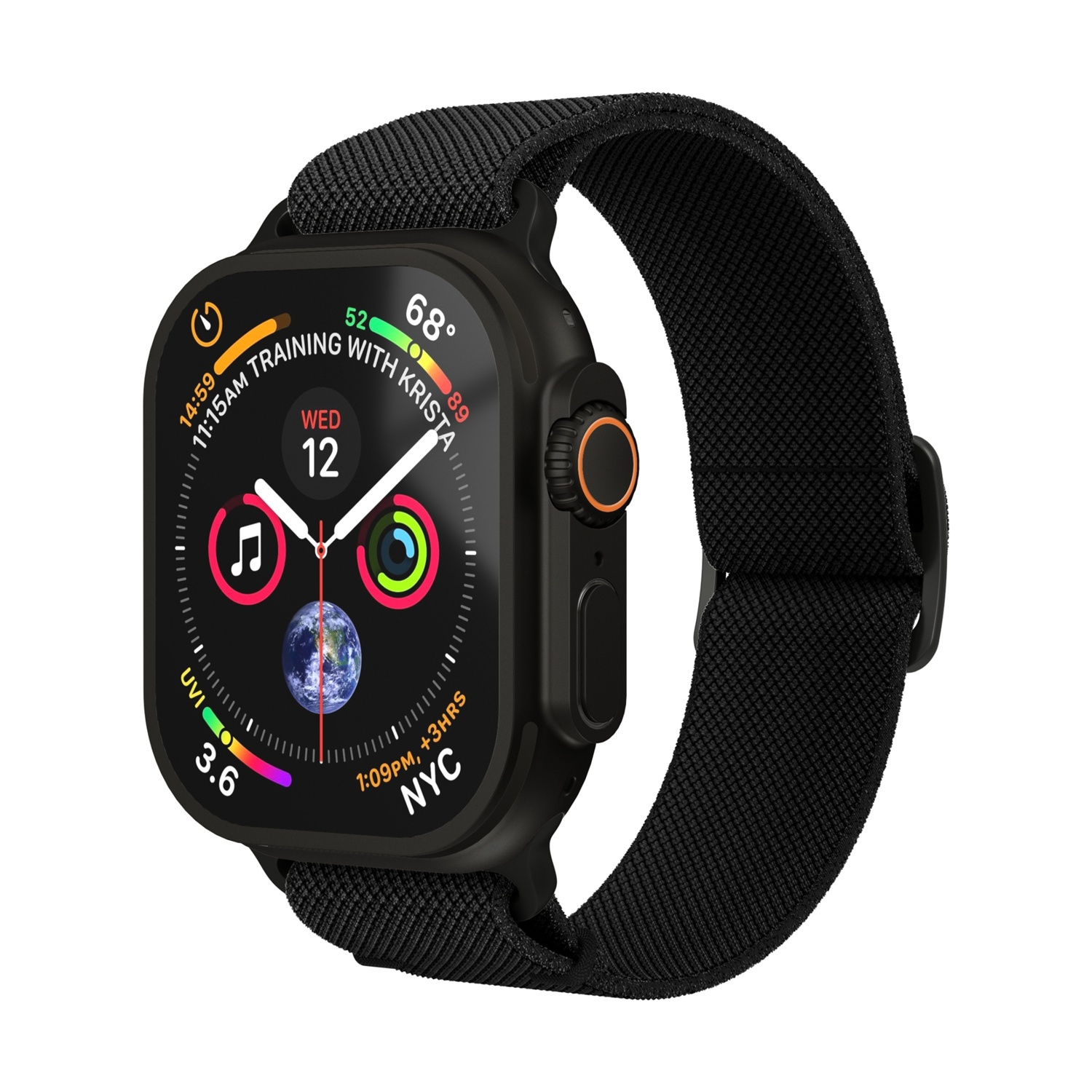 Uno smartwatch nero con cinturino nero, che mostra data, ora, temperatura e Terra.
