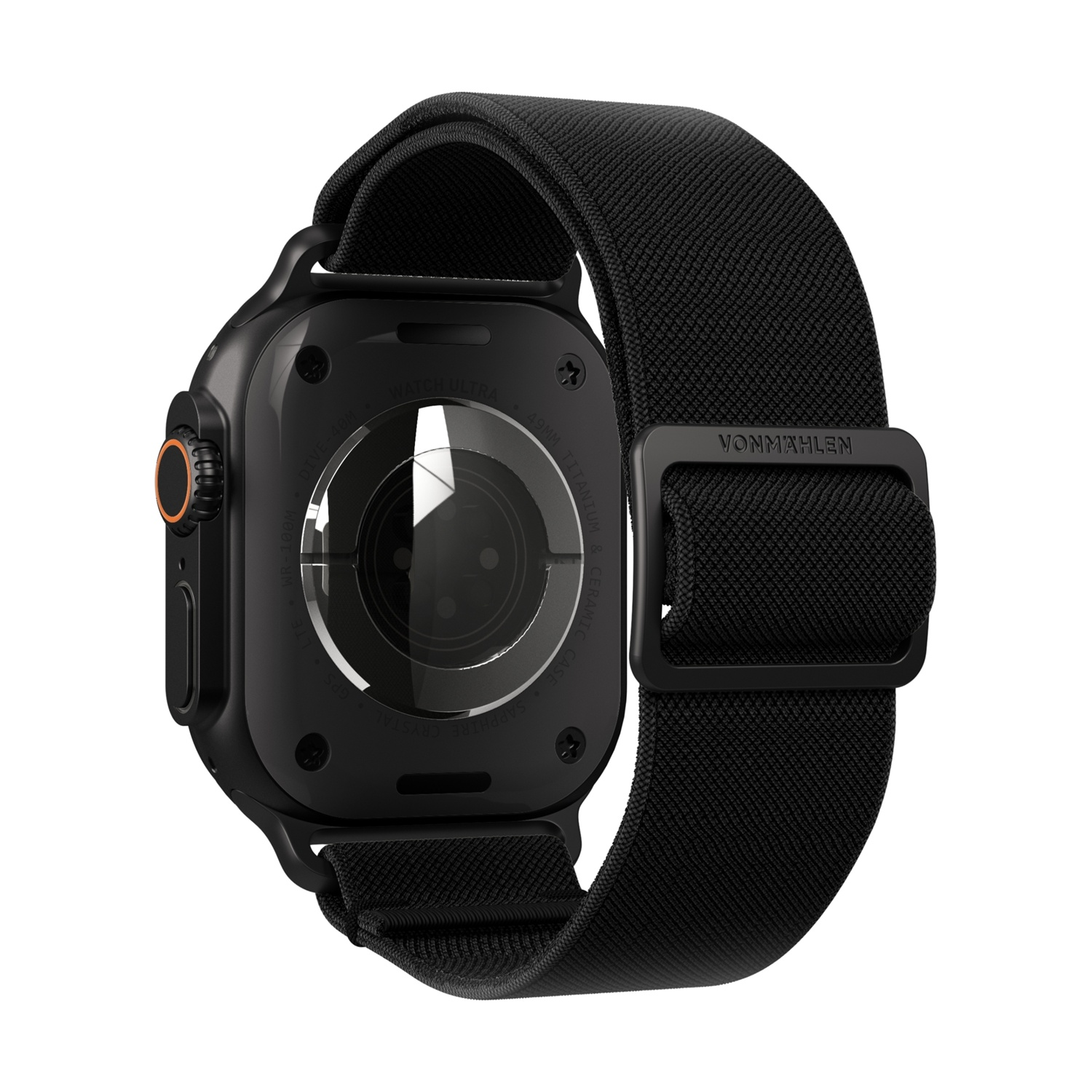 Smartwatch nera con cinturino in tessuto e pulsante arancione. Retro mostra dettagli.