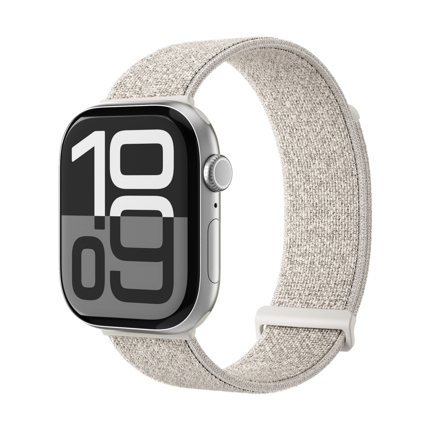 Orologio smart argento con cinturino in tessuto chiaro, mostra le 10:09.
