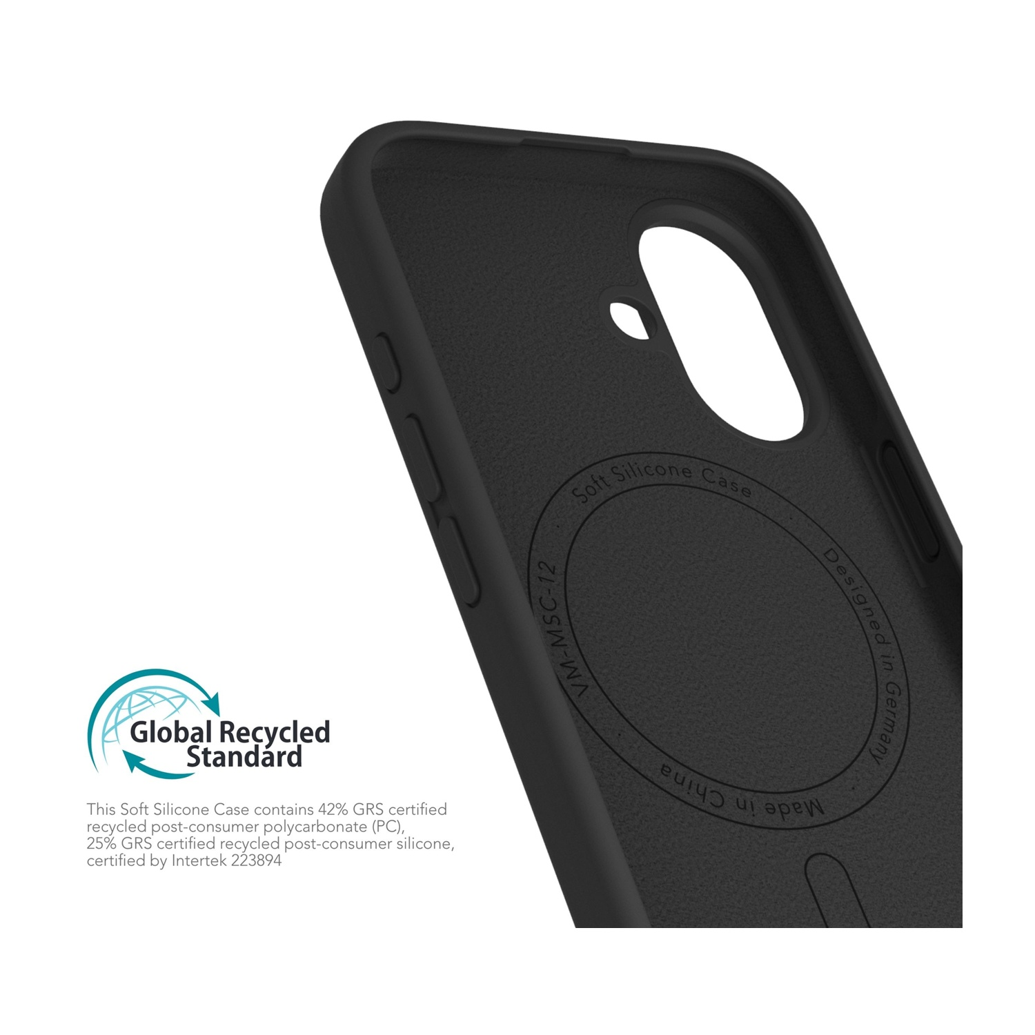 Custodia in silicone nera con logo "Global Recycled Standard" e info prodotto.