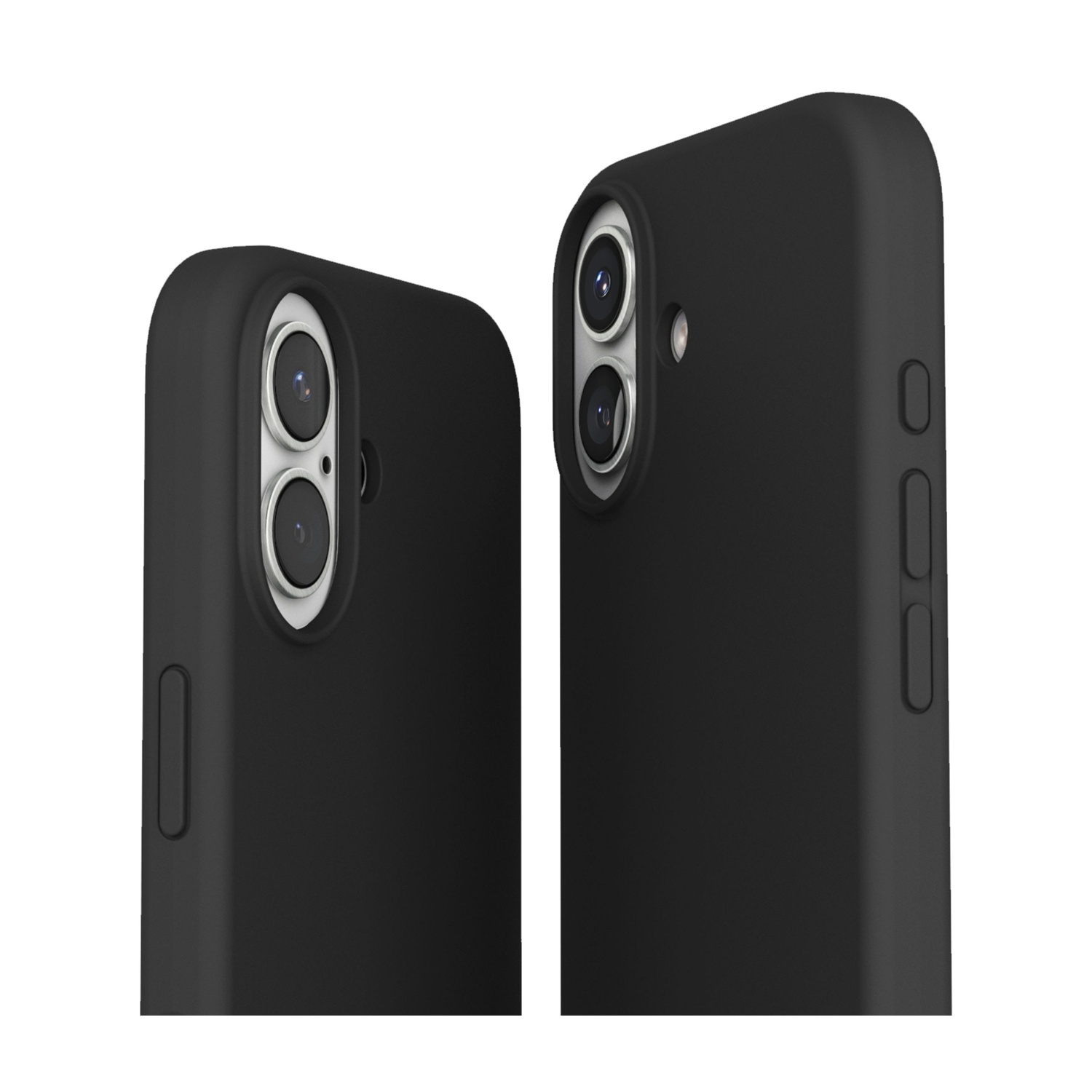 Due custodie per telefono nere affiancate con fotocamere su sfondo bianco.