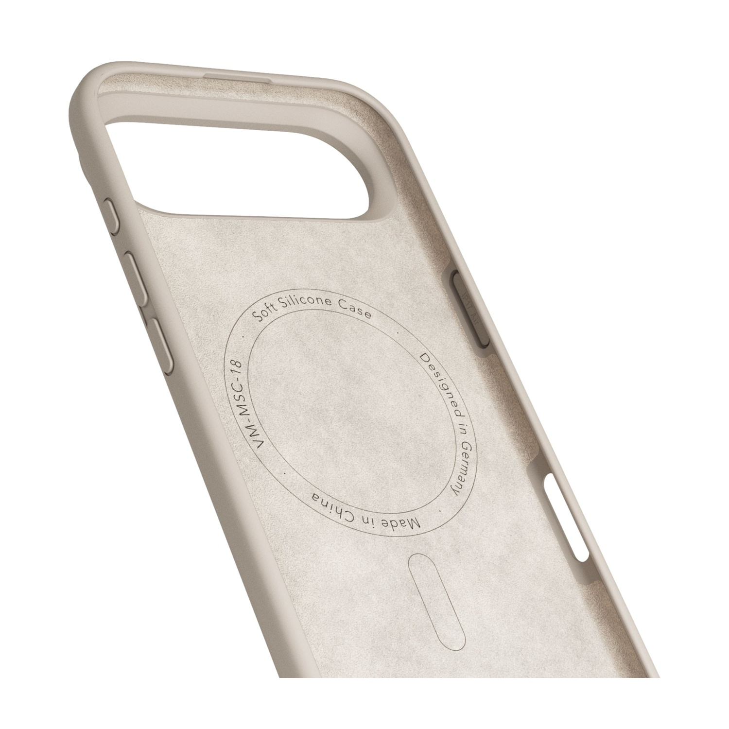 Custodia per telefono in silicone beige con testo in rilievo: Soft Silicone Case, Made in China, Designed in Germany.