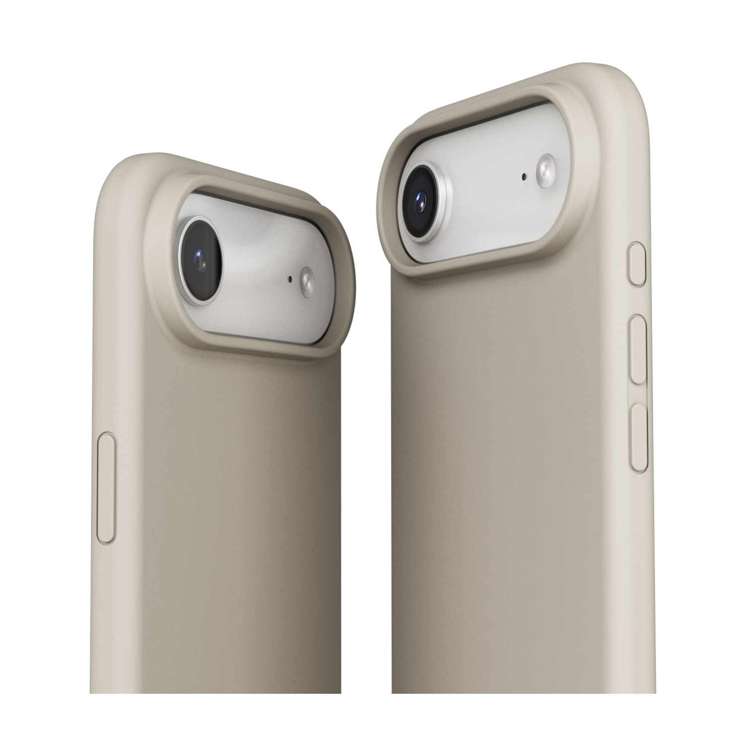 Due custodie per telefono beige con fotocamere su sfondo bianco.