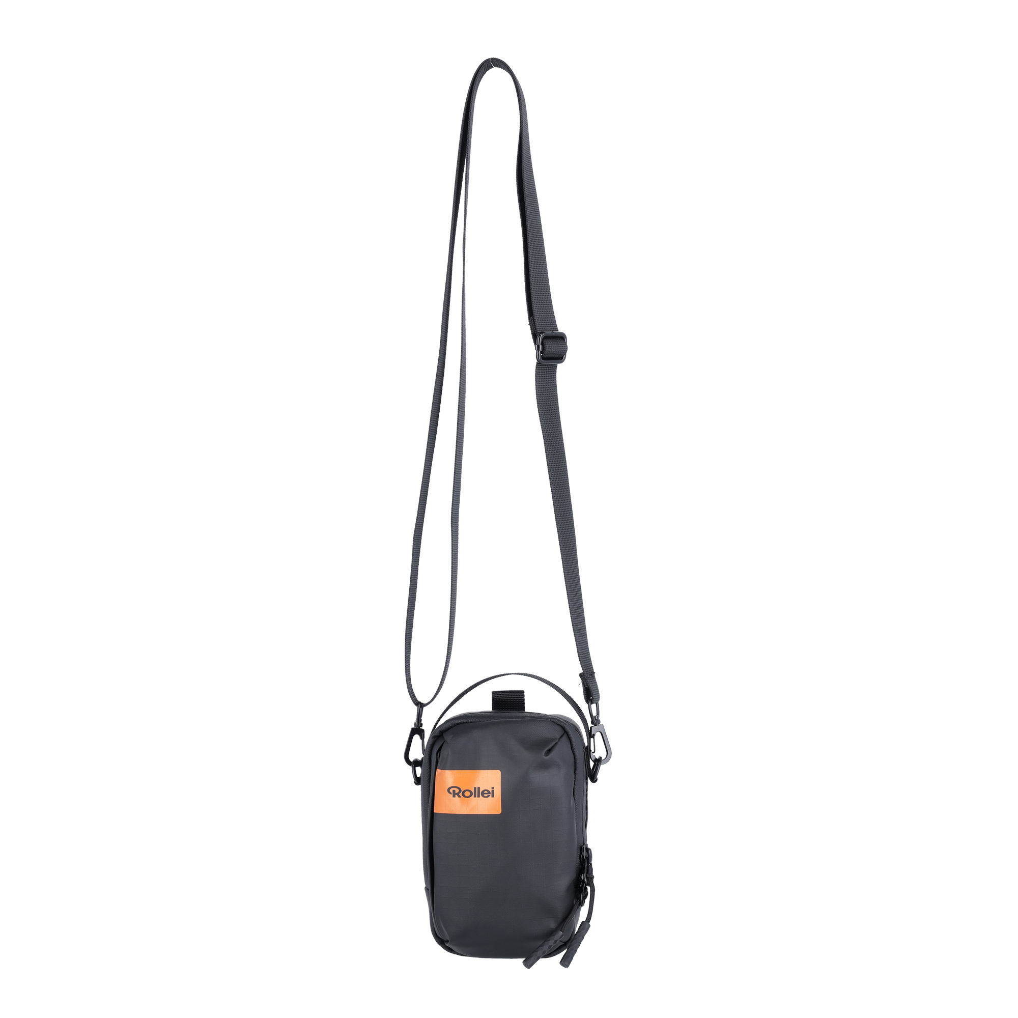 Schwarze Rollei Tasche mit orangefarbenem Logo und Tragegurt.