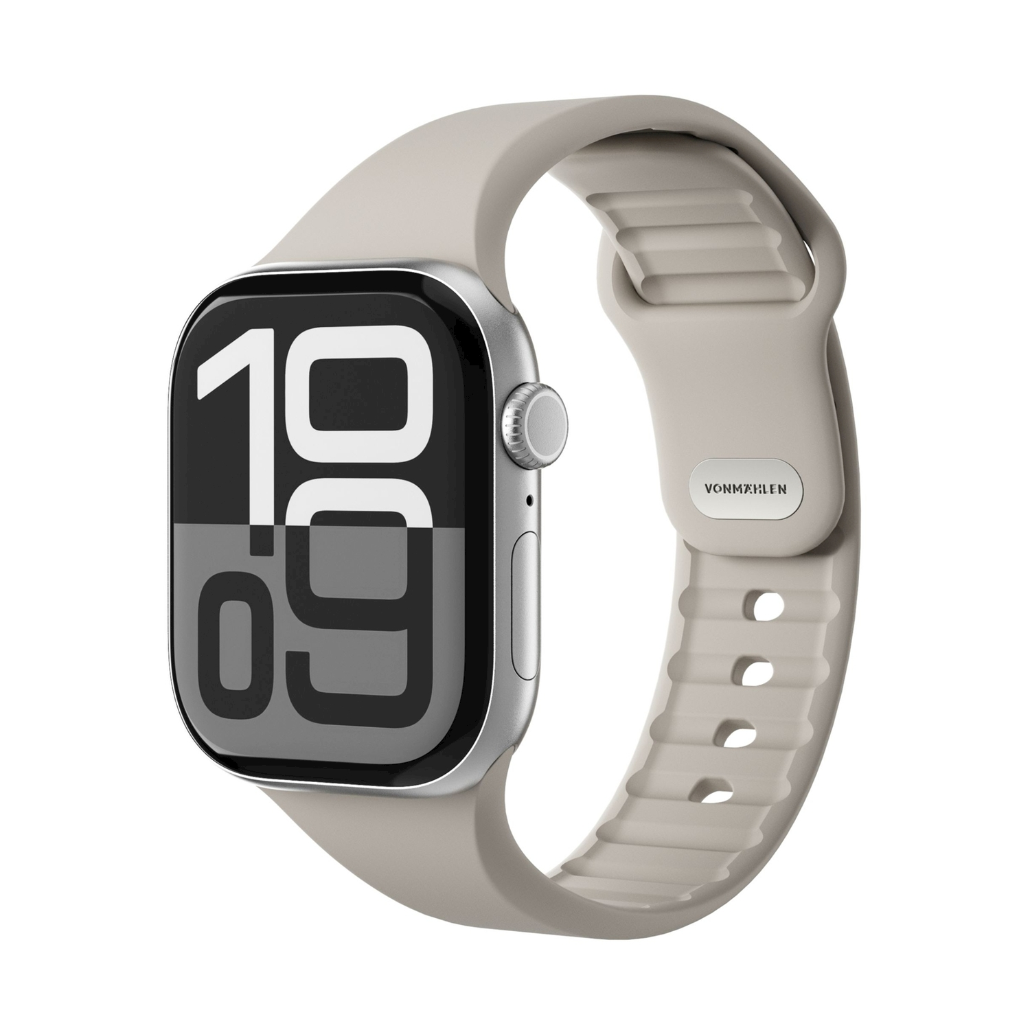 Uno smartwatch grigio con display digitale bianco.