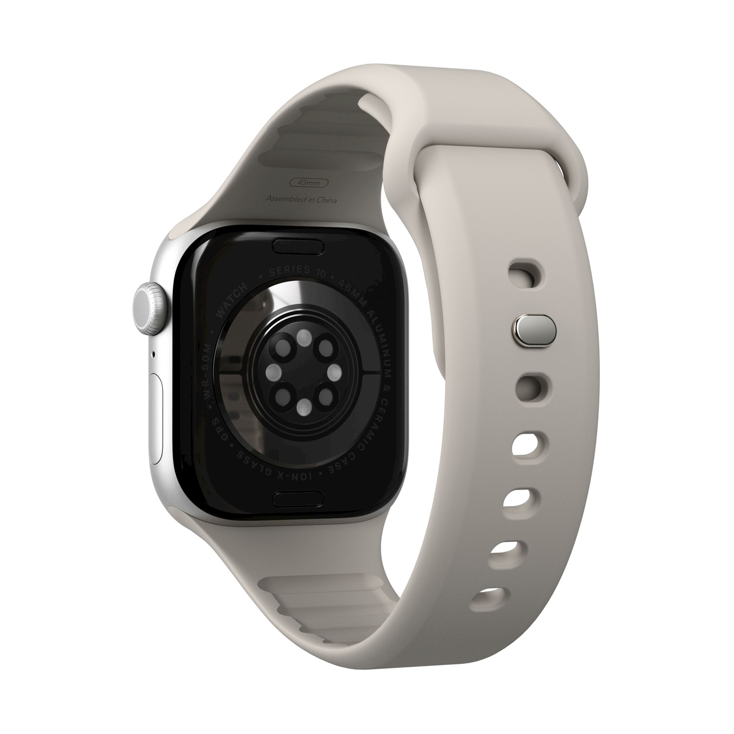 Uno smartwatch argentato con cinturino grigio chiaro è mostrato dal retro. L'orologio ha uno schermo nero.