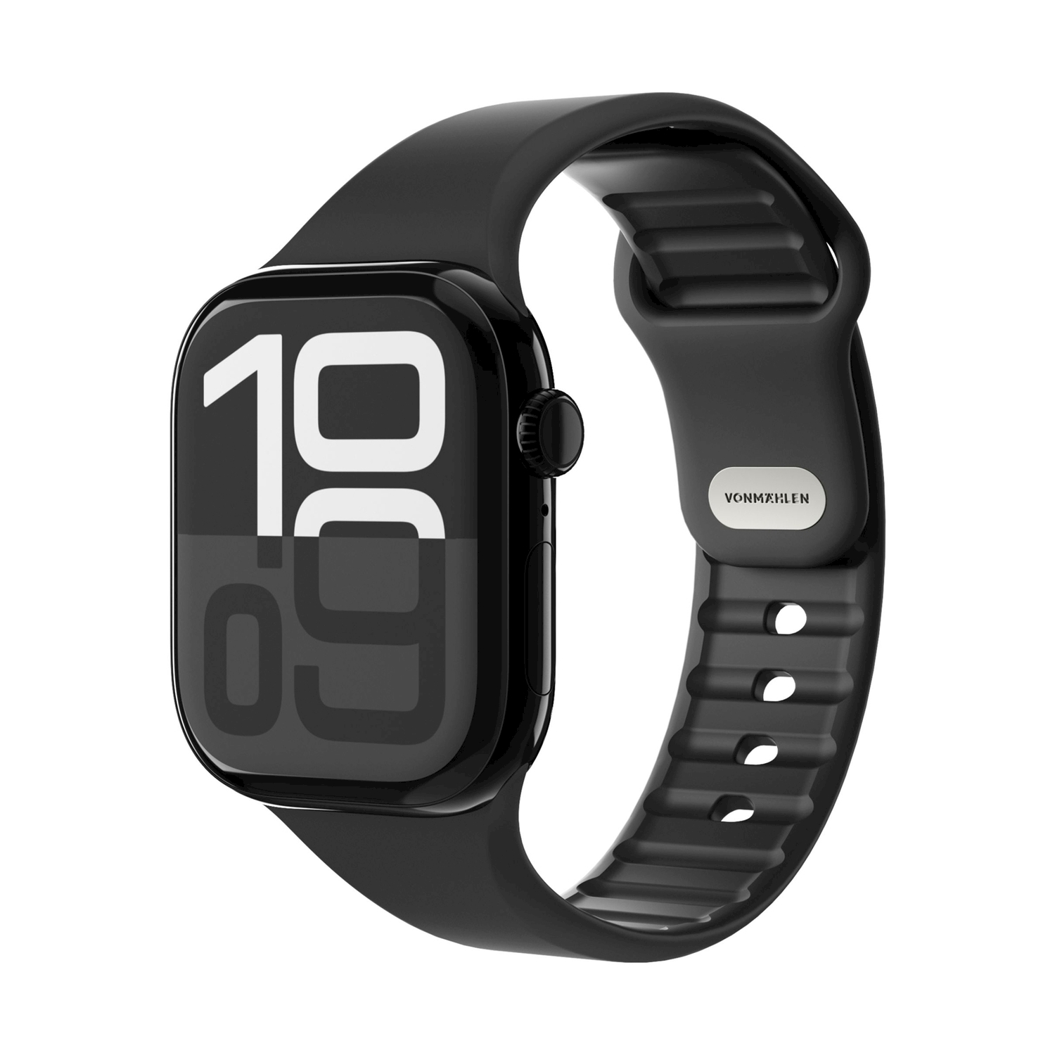Smartwatch nero con display digitale che mostra l'ora 10:09. Testo bianco 