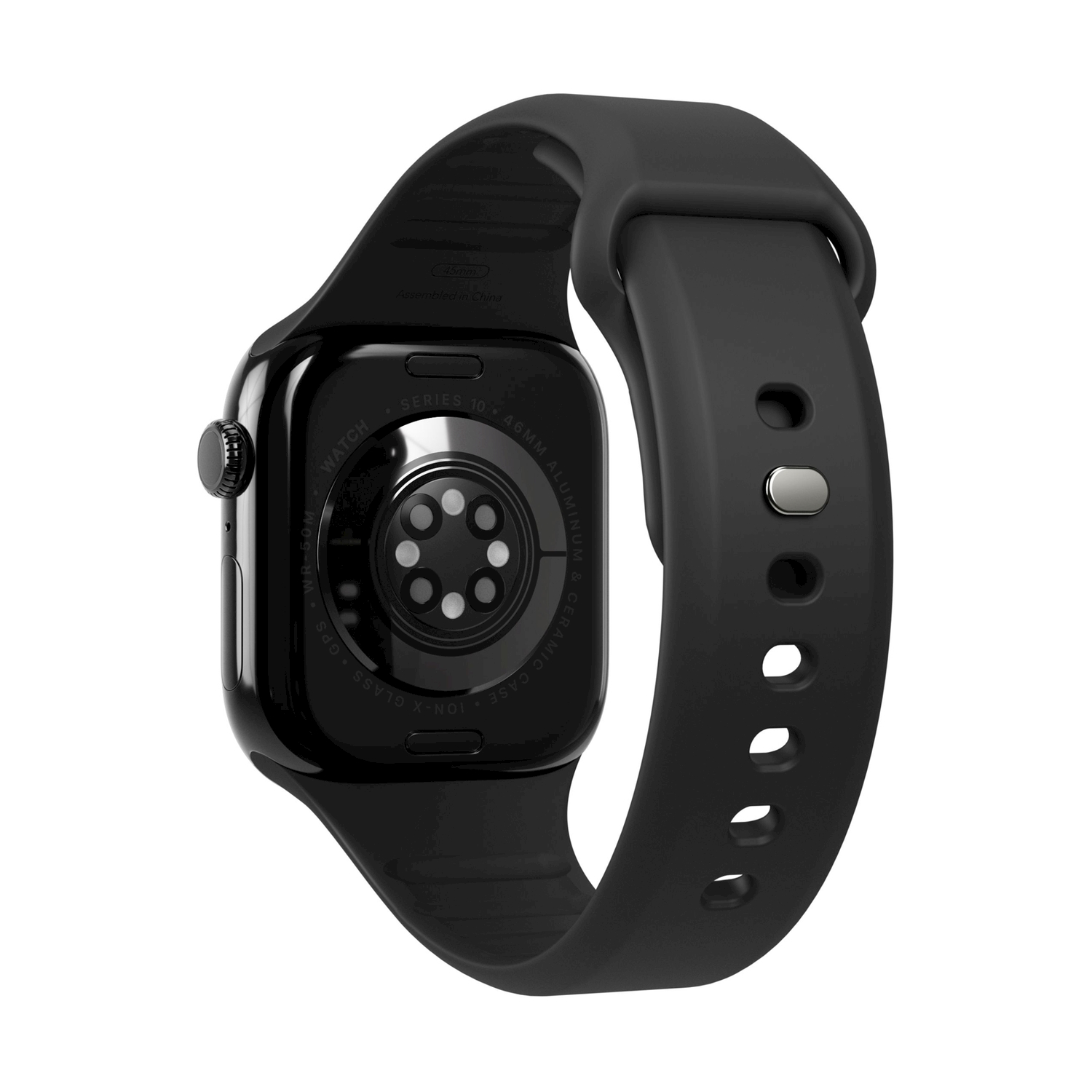 Smartwatch nero con cinturino nero, retro con sensori.