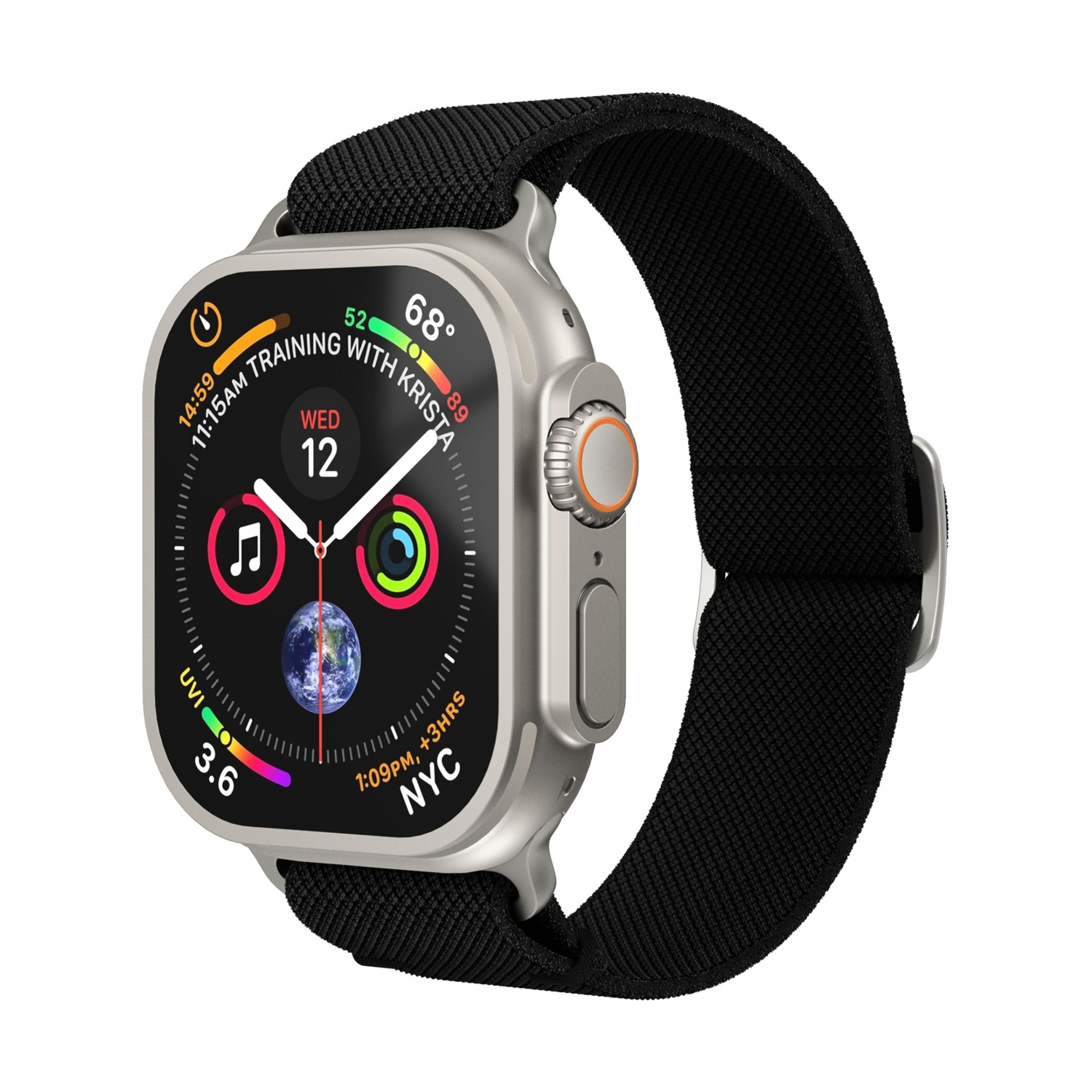 Uno smartwatch argentato con cinturino nero e quadrante colorato.