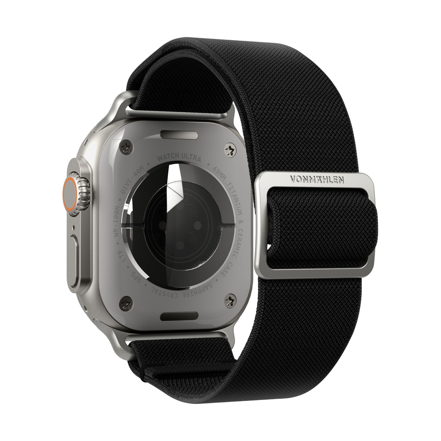Smartwatch argentato con cinturino in tessuto nero e fibbia metallica.