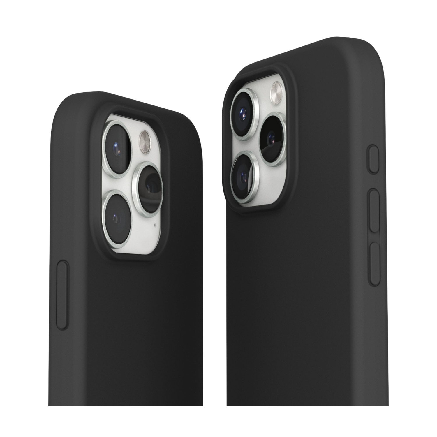 Due custodie per telefono nere con sistemi di fotocamera su sfondo bianco.