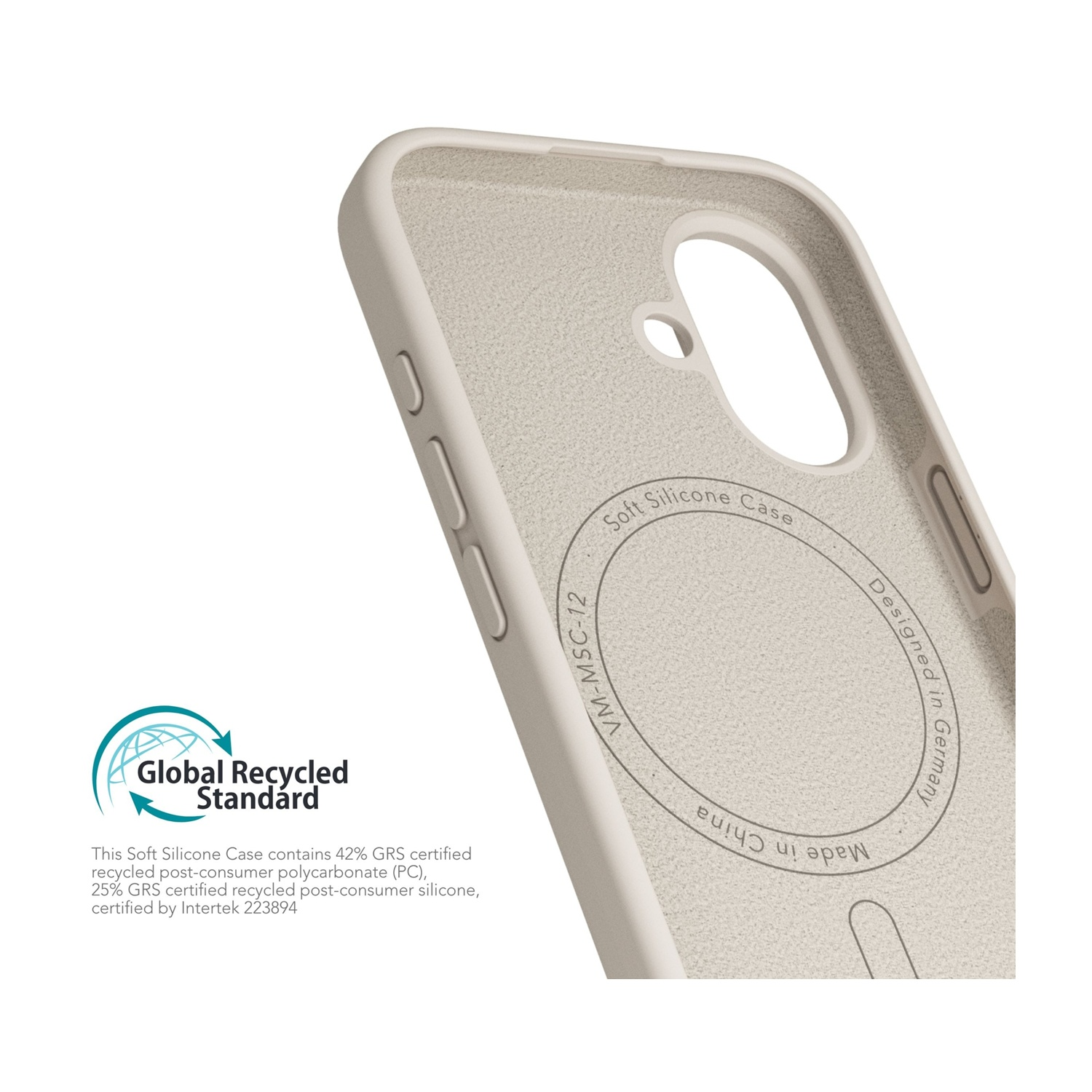 Custodia per telefono in silicone beige con logo e testo "Global Recycled Standard".