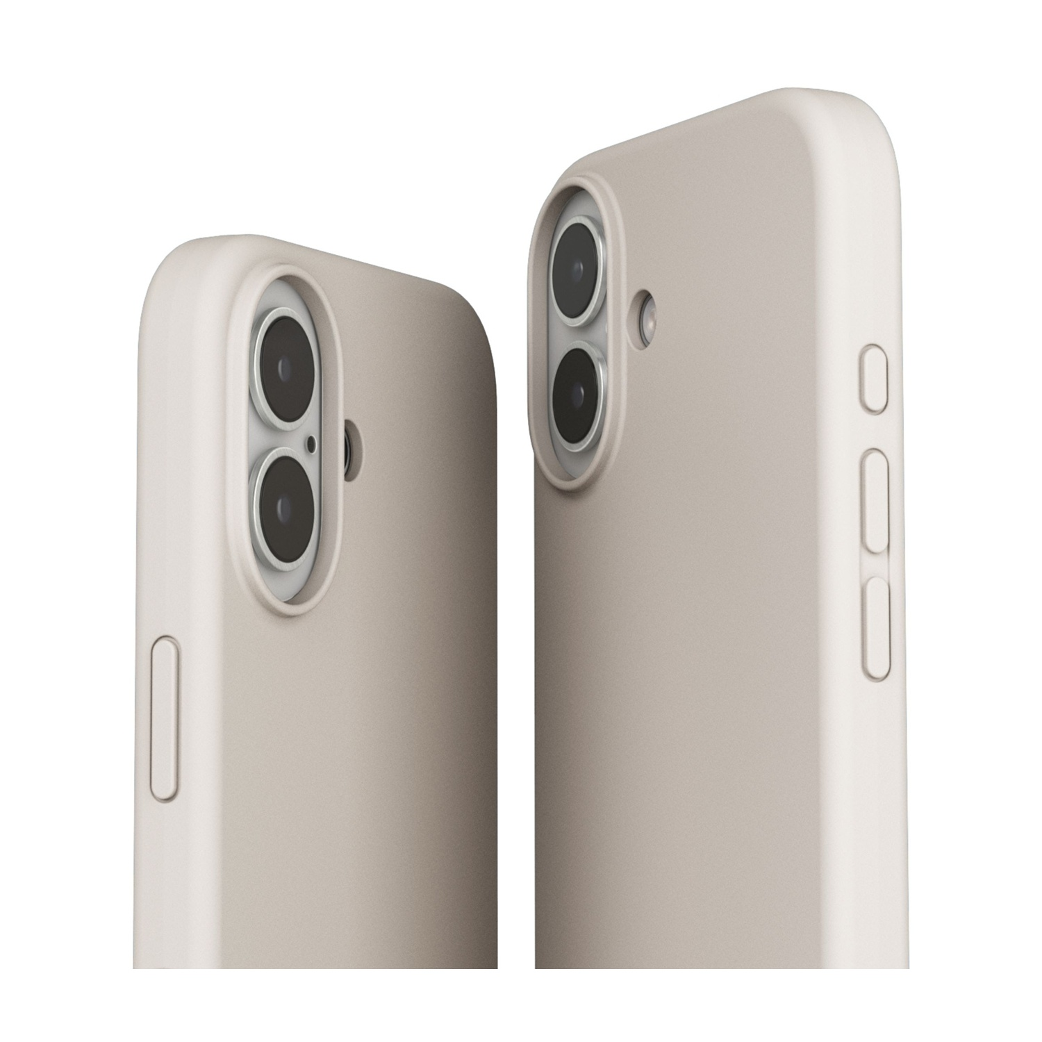 Due custodie per telefono beige una accanto all'altra, fotocamera visibile, sfondo bianco