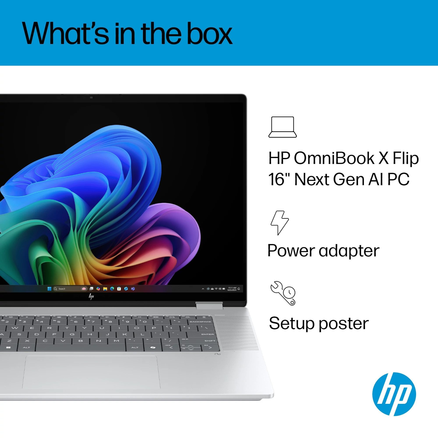 HP OmniBook X Flip PC with power adapter and setup poster shown.