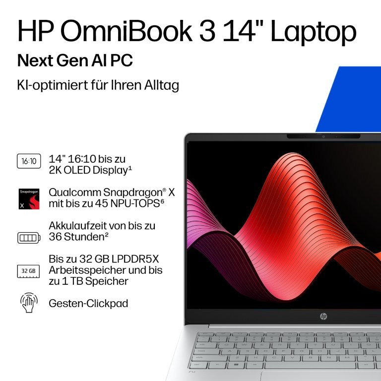 HP OmniBook 3 14" Laptop mit 2K OLED, Snapdragon X, 36h Akku, 32GB RAM, 1TB SSD.
