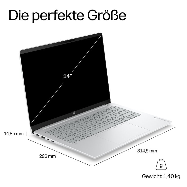 Ein silberner Laptop mit 14-Zoll-Bildschirm, Maßen und Gewicht.