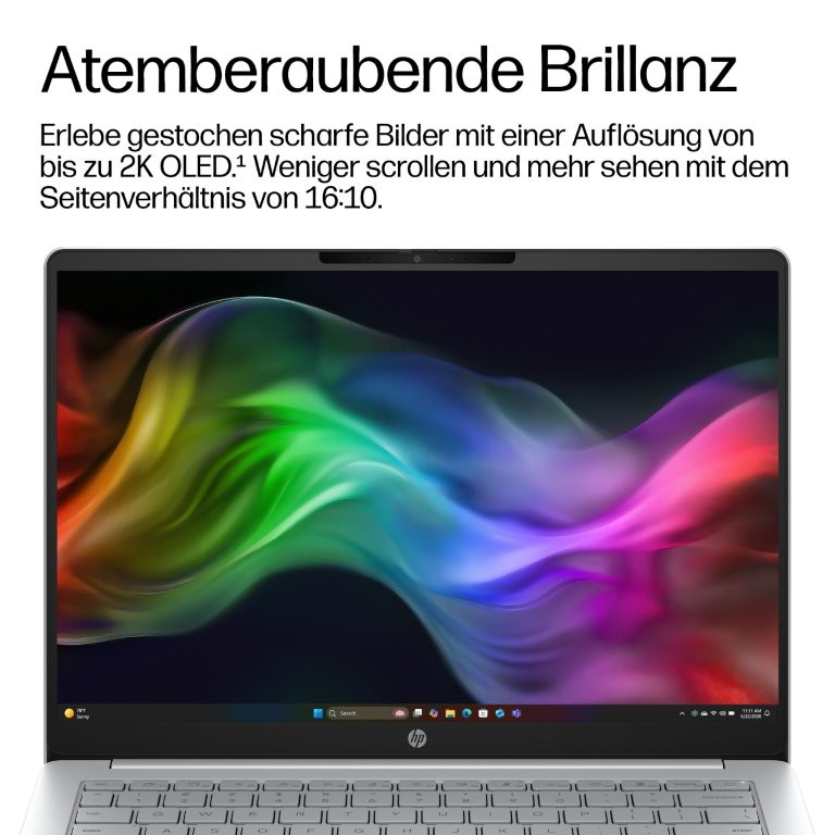 Ein Laptop mit einem bunten, fließenden Hintergrundbild und Tastatur.